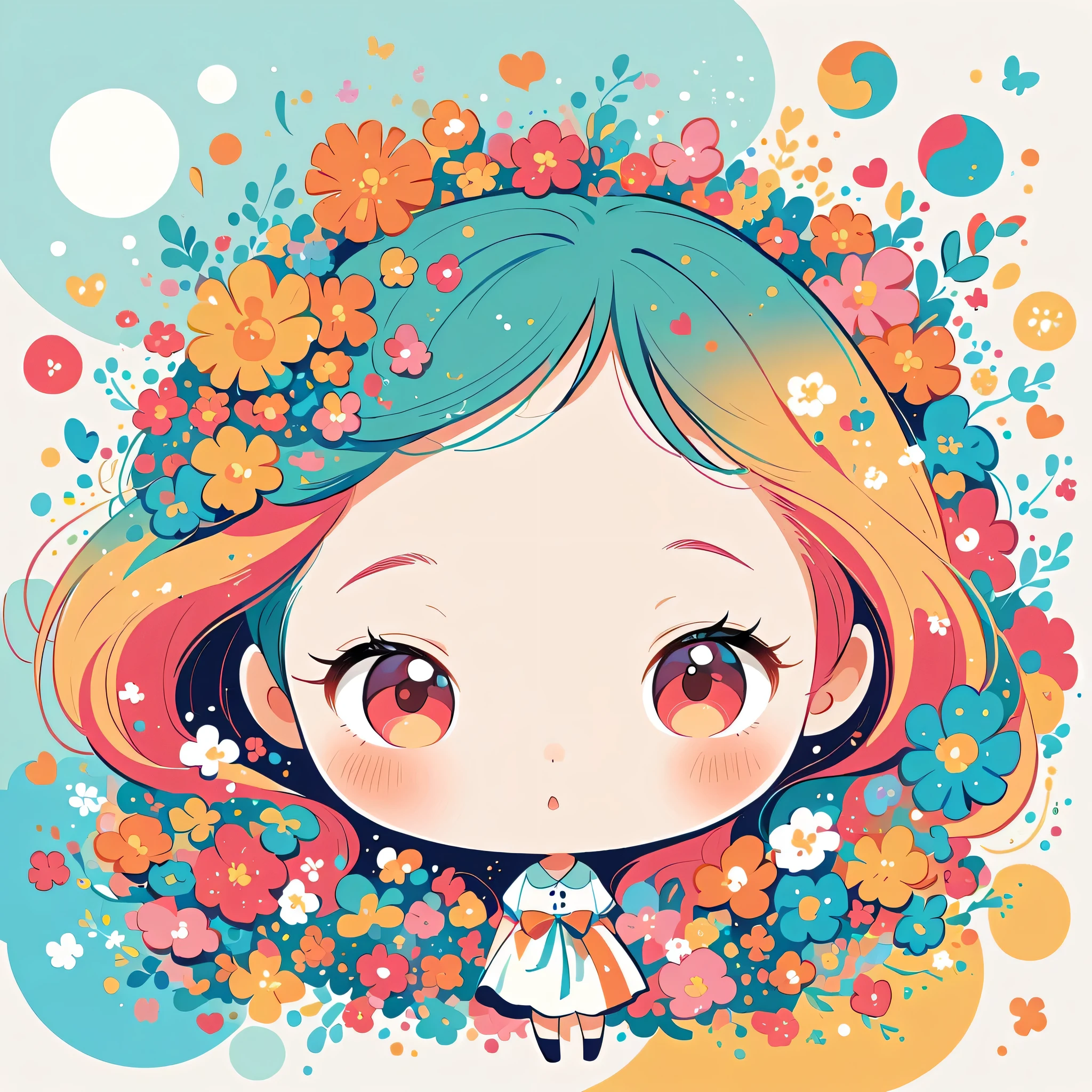Hayao Miyazaki Style、The most beautiful girl of all time、Lips in Love、Colorful flowers、Simple line initials、Abstract art、Paris Background, (((chibi)))