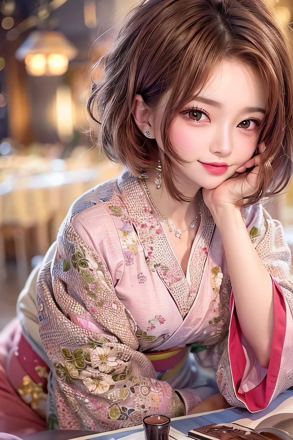 (upper body:1.3), breast focus, masterpiece, 1 Beautiful girl, Fine grain, highest quality, Ultra High resolution, (reality: 1.4), Cinema Lighting, Beautiful Skin, (Ultra-realistic), (High resolution), (8k), (Very detailed), ( Best illustrations), Pouting slightly, (Crystal colorful lights), Extremely refined and beautiful, beautiful detailed eyes, Round eyes, detailed facial features, (Round pupils:1.4), (alluring face), Glistening Lips, smile, (medium breasts:1.3), Open lips, (Beautiful and detailed face, Beautiful and delicate eyes), pink cheek, mascara, brown hair, short hair, (wearing a kimono:1.3), night, (cross legs:1.3), off shoulder, cocktail on the table, Exposed thighs, Sitting in a chair,