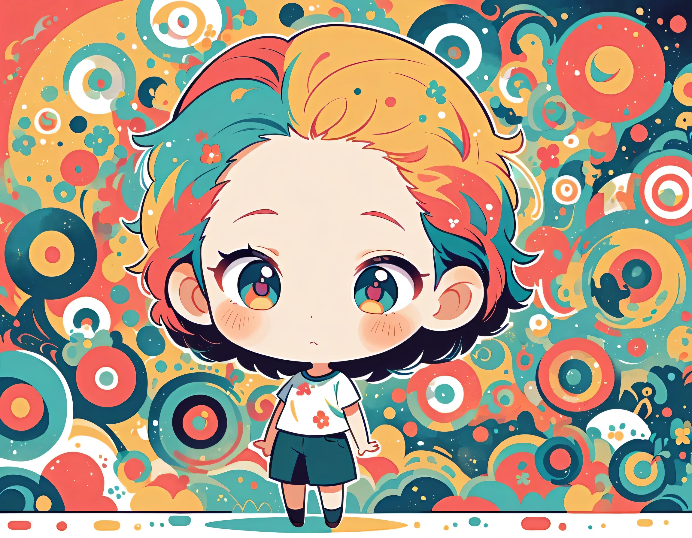 Watase Seizo style, Standing in front of a high wall,Simple Line Initialism,Abstract art,Urban Background, (((The most beautiful girl))), (((chibi))), colorful flowers