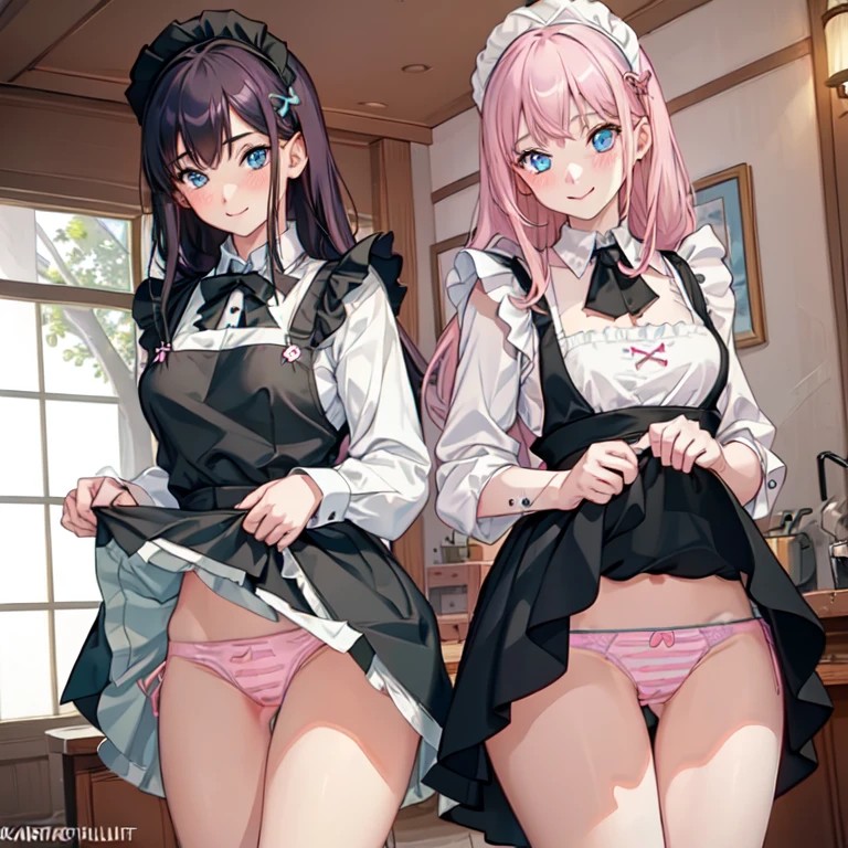 highest quality, masterpiece, ((2 girls:1.5)), ((smile:1.3)), (blush:1.3), Black Shirt, blouse, ((fun!!)), (Small breasts), Blonde, (Long sleeve), ((White apron:1.5)), ((Maid)), ((hair ornaments)), Kamimei, look at me, ((in house:1.5)), Taking a break from watching the audience, Cowboy Shot, (skirtlift:1.3), (Highly detailed pink striped panties:1.3), (Highly detailed panties:1.3), (skirt that rolls up:1.3), (Panties fully exposed:1.5), Light blue eyes, long hair, Glowing Eyes