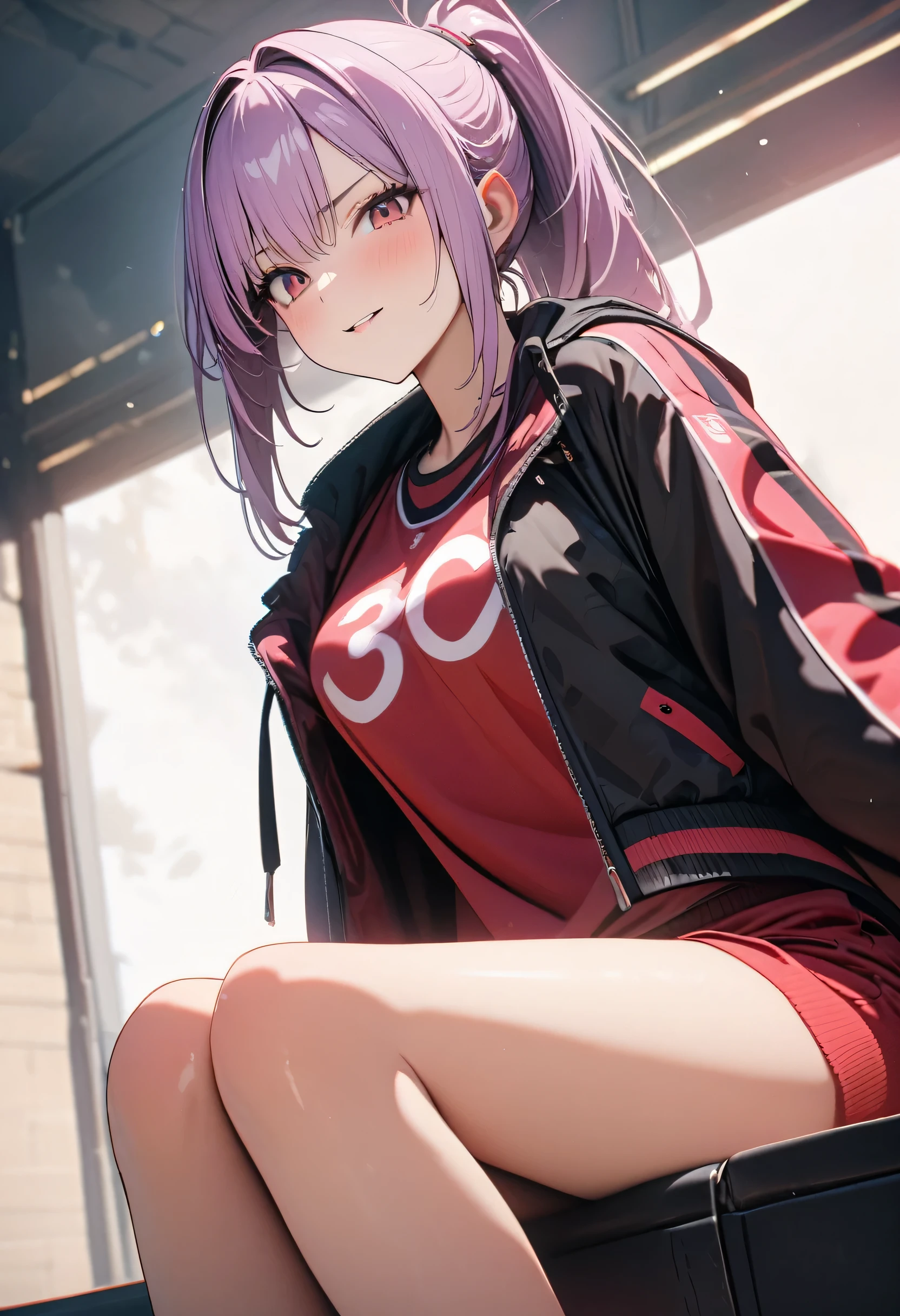 (highest quality,8k,High resolution, masterpiece:1.2), Super detailed, High resolution、One Girl、Light purple hair color、There are some stylish pink lines in her hair.、ponytail、older sister、Top jersey、Jacket size XL、hot pants、Beautiful feet、Thin legs、Naughty expression、Mocking look