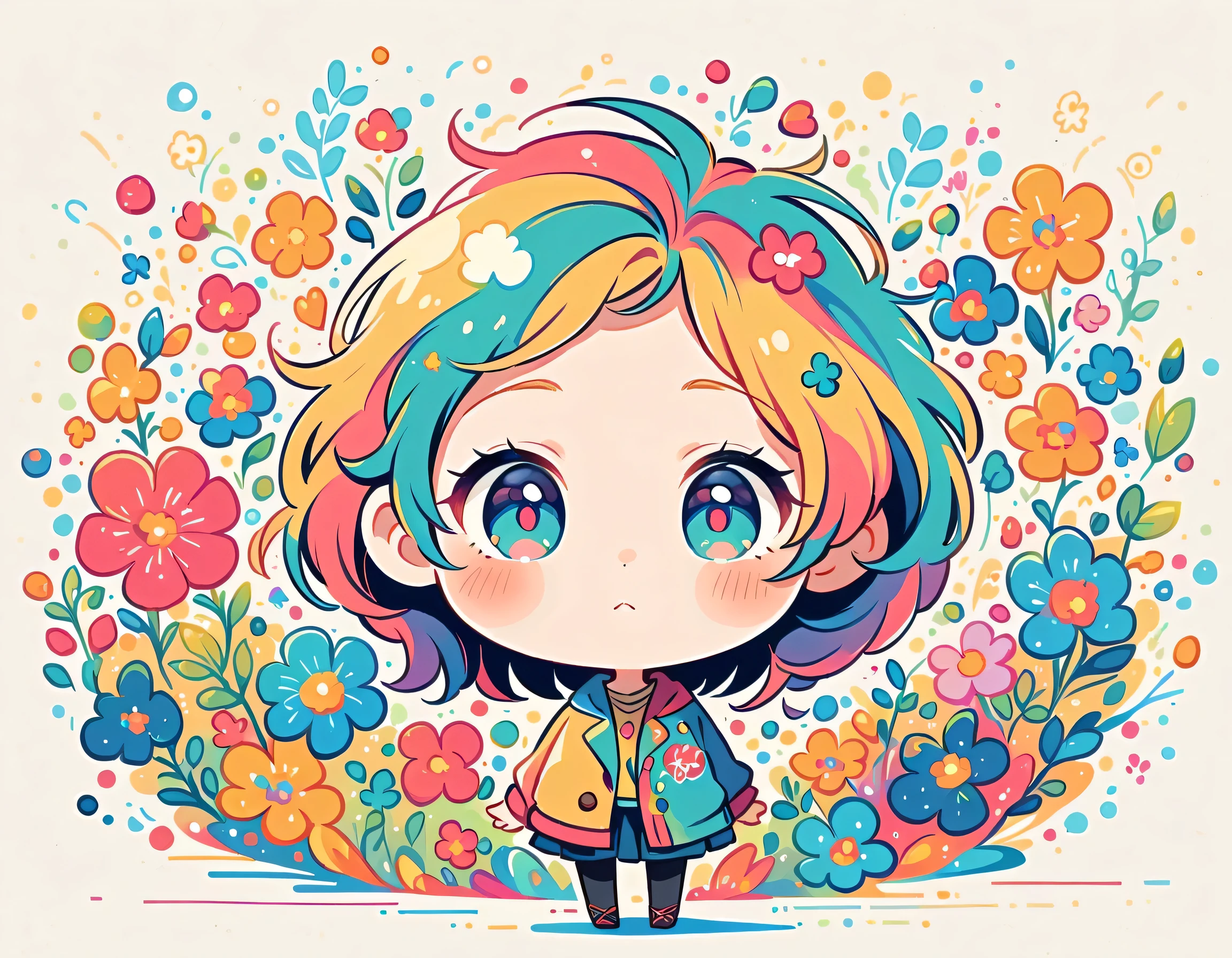 Watase Seizo style, Standing in front of a high wall,Simple Line Initialism,Abstract art,Urban Background, (((The most beautiful girl))), (((chibi))), colorful flowers
