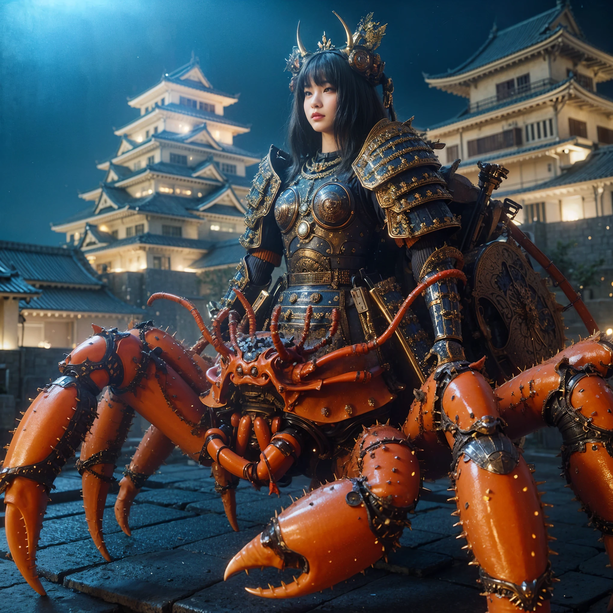 (extremely intricate all details)、(extremely realistic all Texture) 、glossy Texture、Navy blue heavy mechanical armor resembling a pillbug, designed by Hajime Katoki、1 person、Beautiful female soldier、Multi-legged、Heavyweight、Heavy Armor、Firearms、Ultra-realistic、Full Body Shot、Night view of the bayside industrial area、Spotlight lighting to illuminate characters、Please generate at least 4 copies.