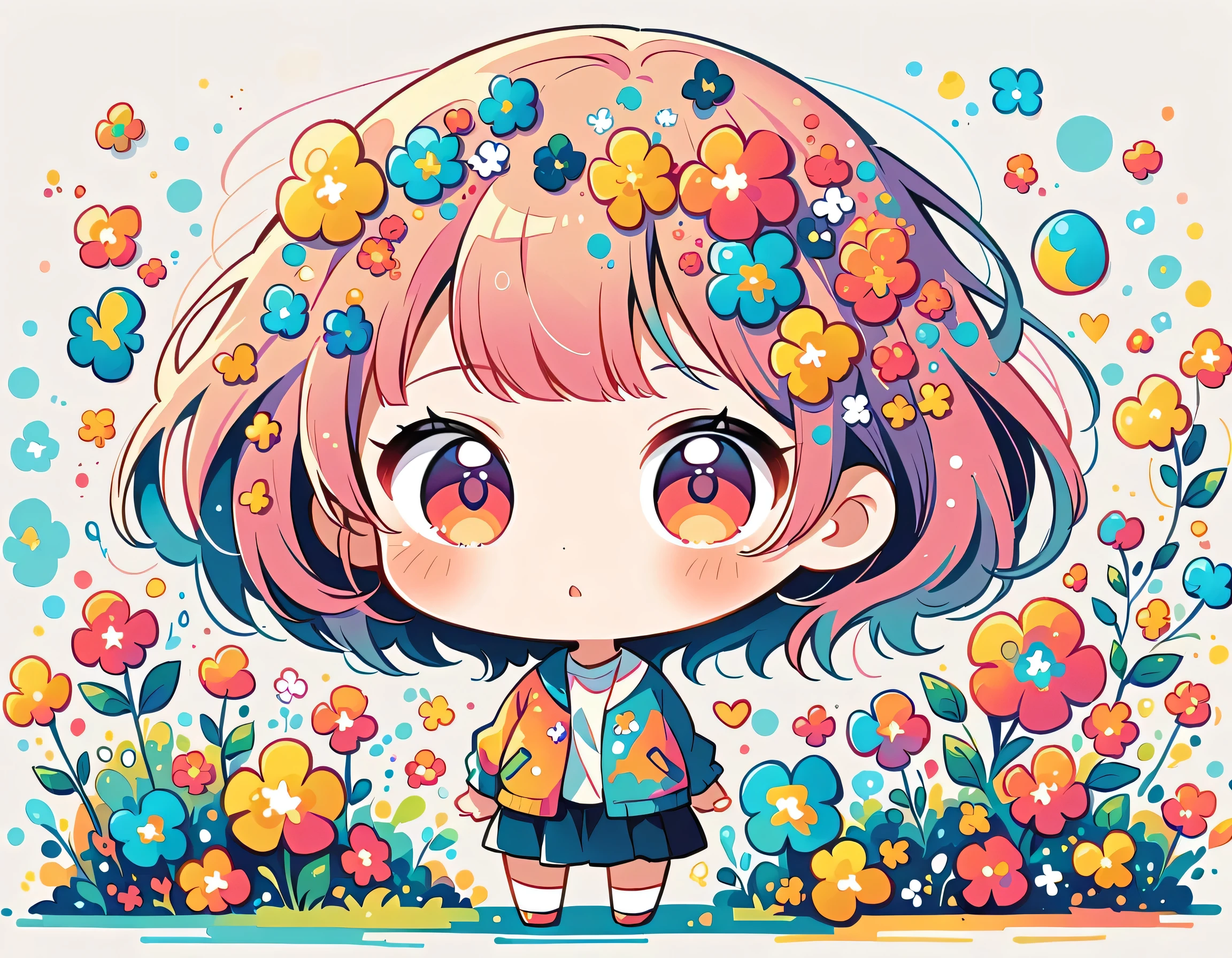 Watase Seizo style, Standing in front of a high wall,Simple Line Initialism,Abstract art,Urban Background, (((The most beautiful girl))), (((chibi))), colorful flowers