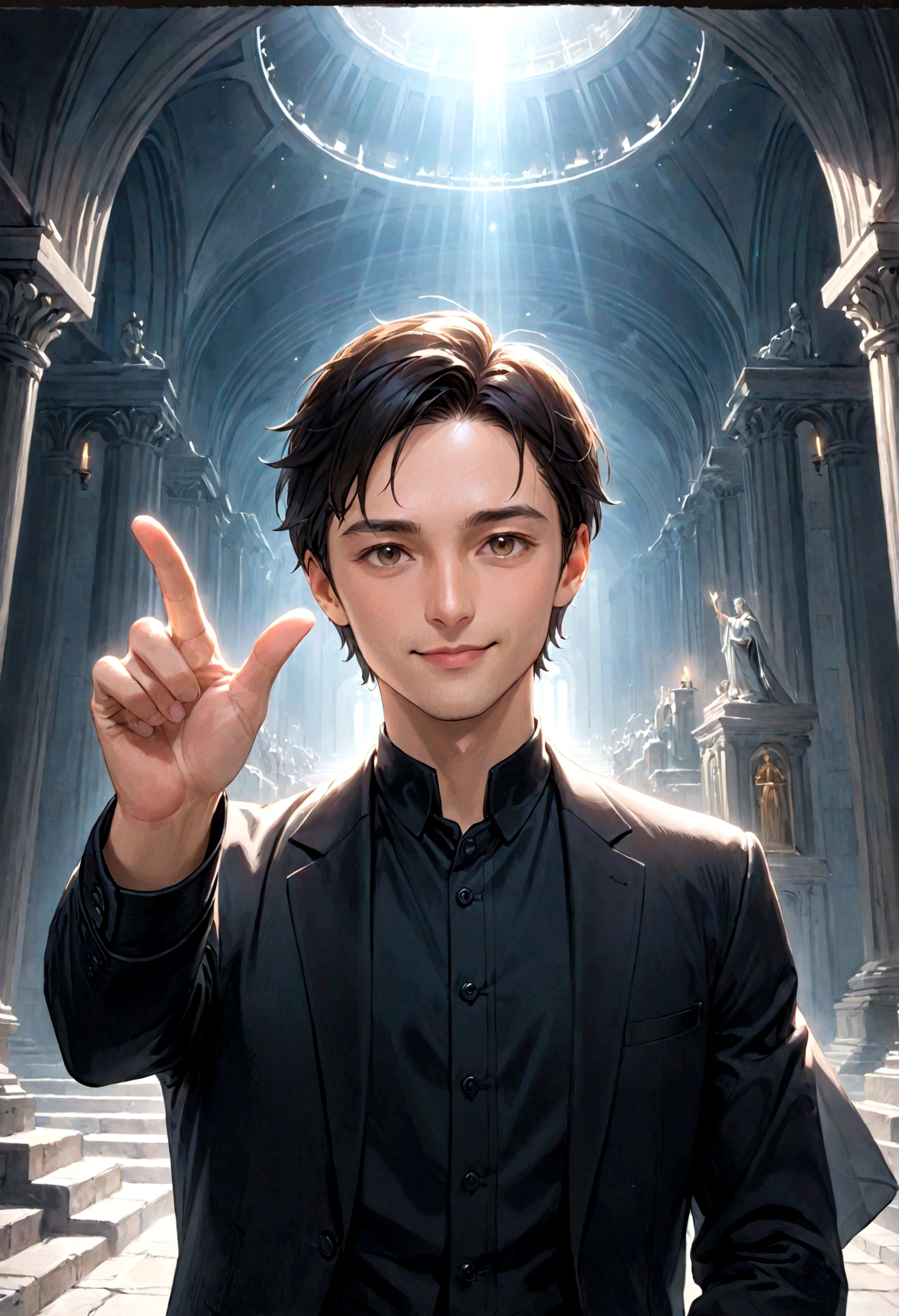 A person raises his hand and points his index finger upward
His face is smiling and indicates that he is a rich and genius man