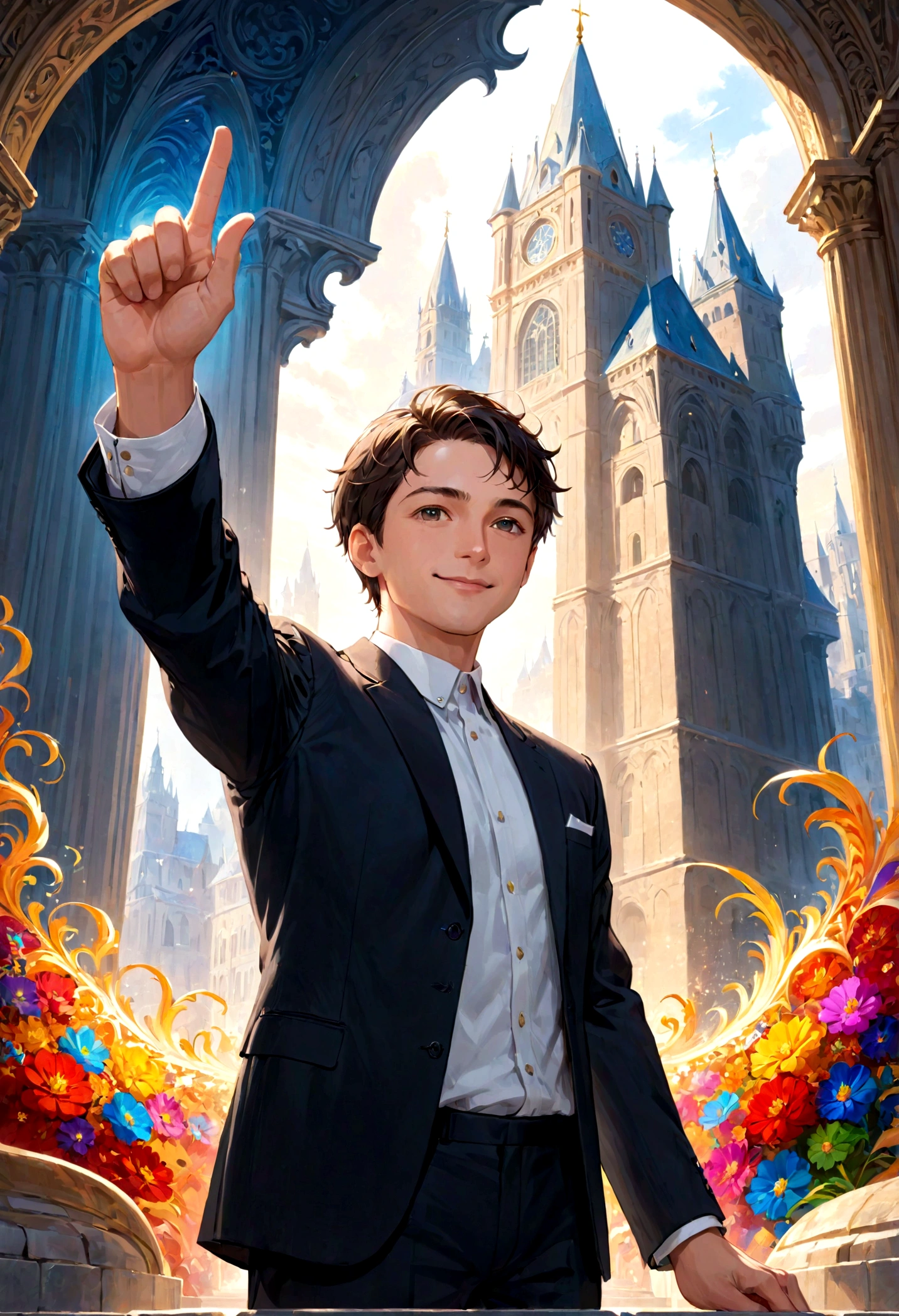 A person raises his hand and points his index finger upward
His face is smiling and indicates that he is a rich and genius man