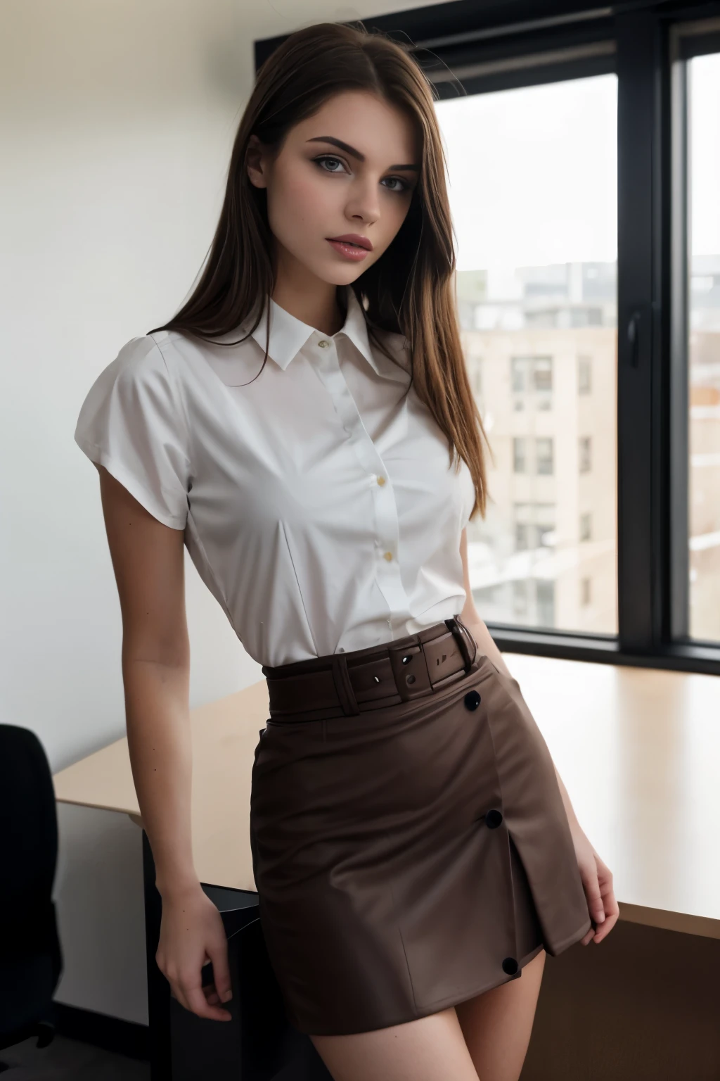 Teen female super model, porcelain skinned, 3/4 photo, natural light, skinny, thin, slim, lean, slender, nubile, posing for picture, straight hair, natural lighting thin waist, thin hips, (huge lips), in a office, looking at viewer, young, youthful, female suit, skirt, blouse