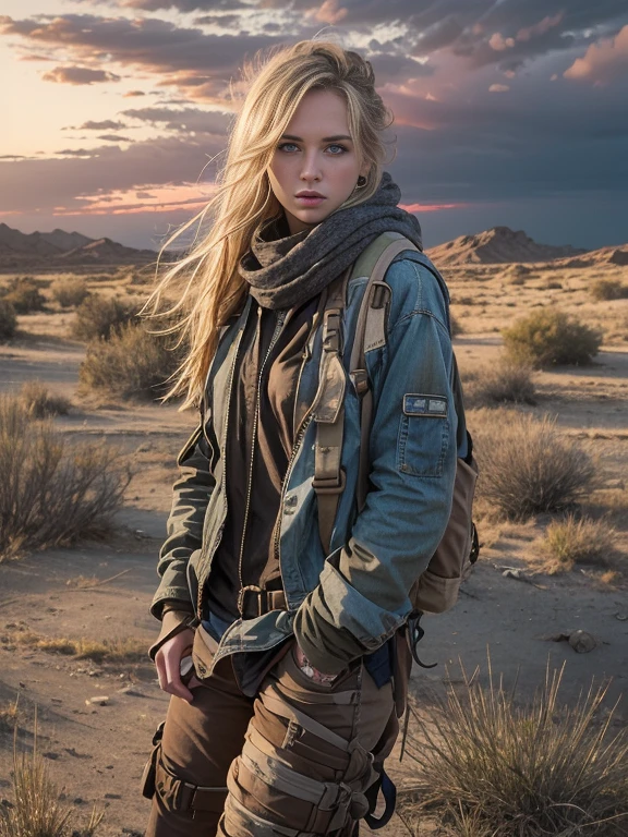 masterpiece, Transition to a desert landscape at sunset, Lonely Person, A beautiful -yeld Amcan girl appears dressed as a post-apocalyptic nomad, Very white skin, Blonde Hair, Blue-gray eyes, Freckles on the face, Slim running body, Small breasts, Highly detailed face, Ultra-realistic face,  Beautiful but tired face, Very beautiful face, Post-apocalyptic clothing, Layers of tattered cloth, unconventional accessories, 風化した外観はbornき残りと回復力のオーラを醸し出す, 16k, Ultra-high resolution.Realistic, Ultra-high resolution, born, Digital SLR