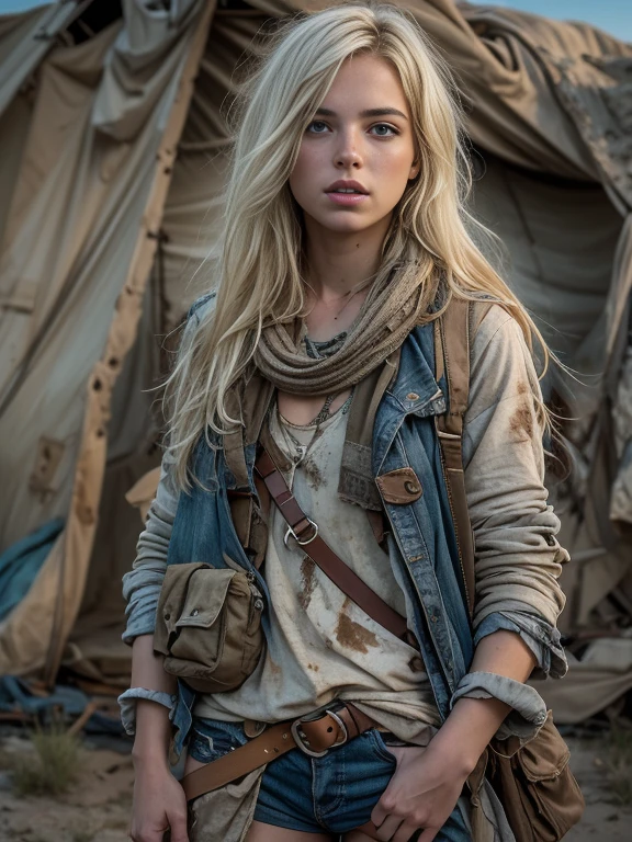 masterpiece, Transition to a desert landscape at sunset, Lonely Person, A beautiful 15-year-old American girl appears dressed as a post-apocalyptic nomad, Very white skin, Blonde Hair, Blue-gray eyes, Freckles on the face, Slim running body, Small breasts, Highly detailed face, Ultra-realistic face, Beautiful but tired face, Very beautiful face, Post-apocalyptic clothing, Layers of tattered cloth, unconventional accessories, 風化した外観はbornき残りと回復力のオーラを醸し出す, 16k, Ultra-high resolution.Realistic, Ultra-high resolution, born, Digital SLR