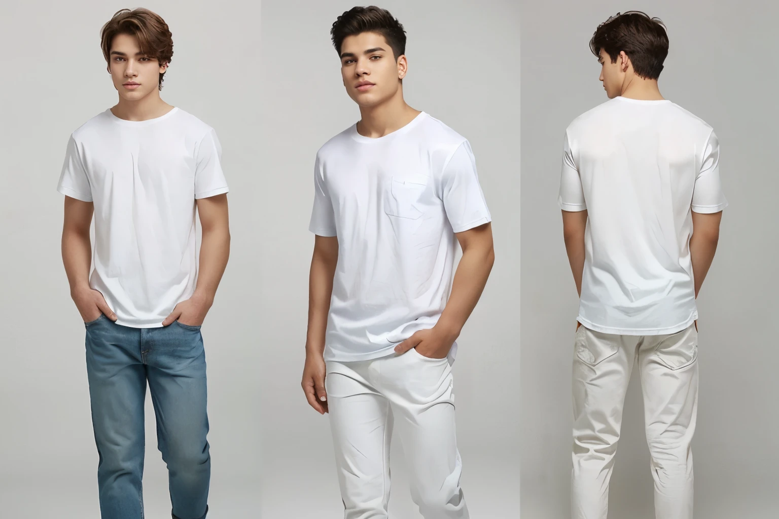 BOYS WEARING WHITE T-SHIRTS, FRONT VIEW, SIDE VIEW, BACK VIEW