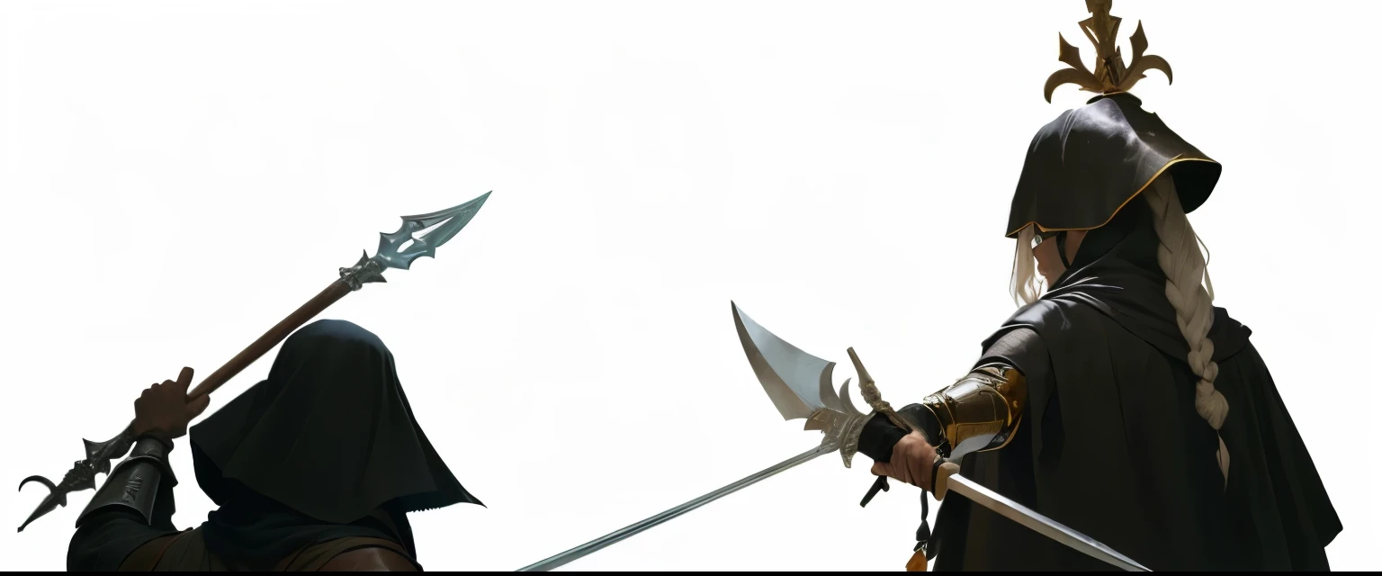 Two men in medieval costumes holding spears, Brave style, Weapon Concept Art, Possess self-weapon