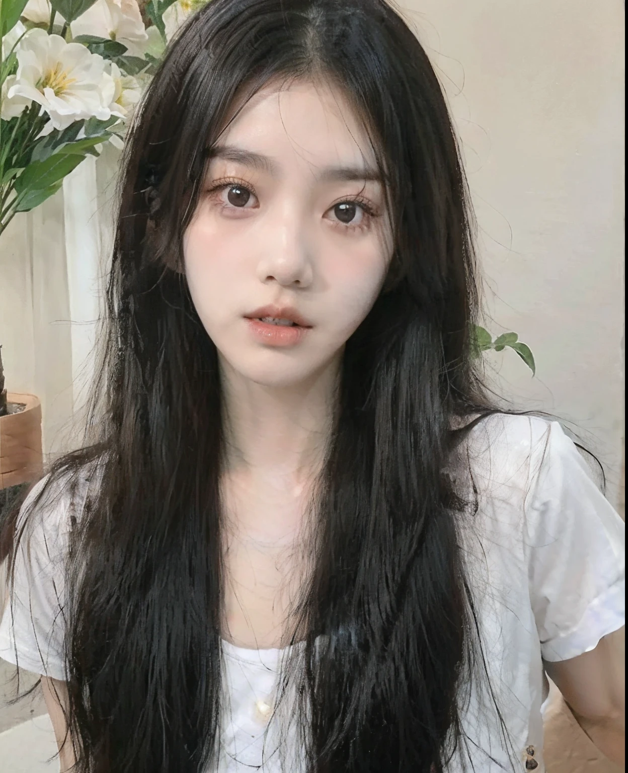Araped woman with long black hair and white shirt, Best Face, Black Hime Hair Cut, White hime cut hairstyle, korean, with long hair, Brutal Korean Goth Girl, korean symmetrical face, Jaeyeon Nam, Mulher sul-korean bonita, black straight hair, 젊고 사랑스러운 korean 얼굴, Jenny Blackpink, Korean facial features