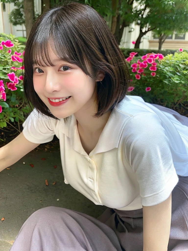 (highest quality、8k、32k、masterpiece、Hmph:1.2)、Cute photos of married Japanese women、18-year-old、short hair、Polo shirt、Laughter、Beautiful Face、(Hunchback:1.3)、squat、(From above:1.2)、(Close-up:1.4)、throw、Big ample breasts、(Beautiful nipple exposure:0.9)、Hotel Rooms、Wind、Glowing Skin、Blurred Background、