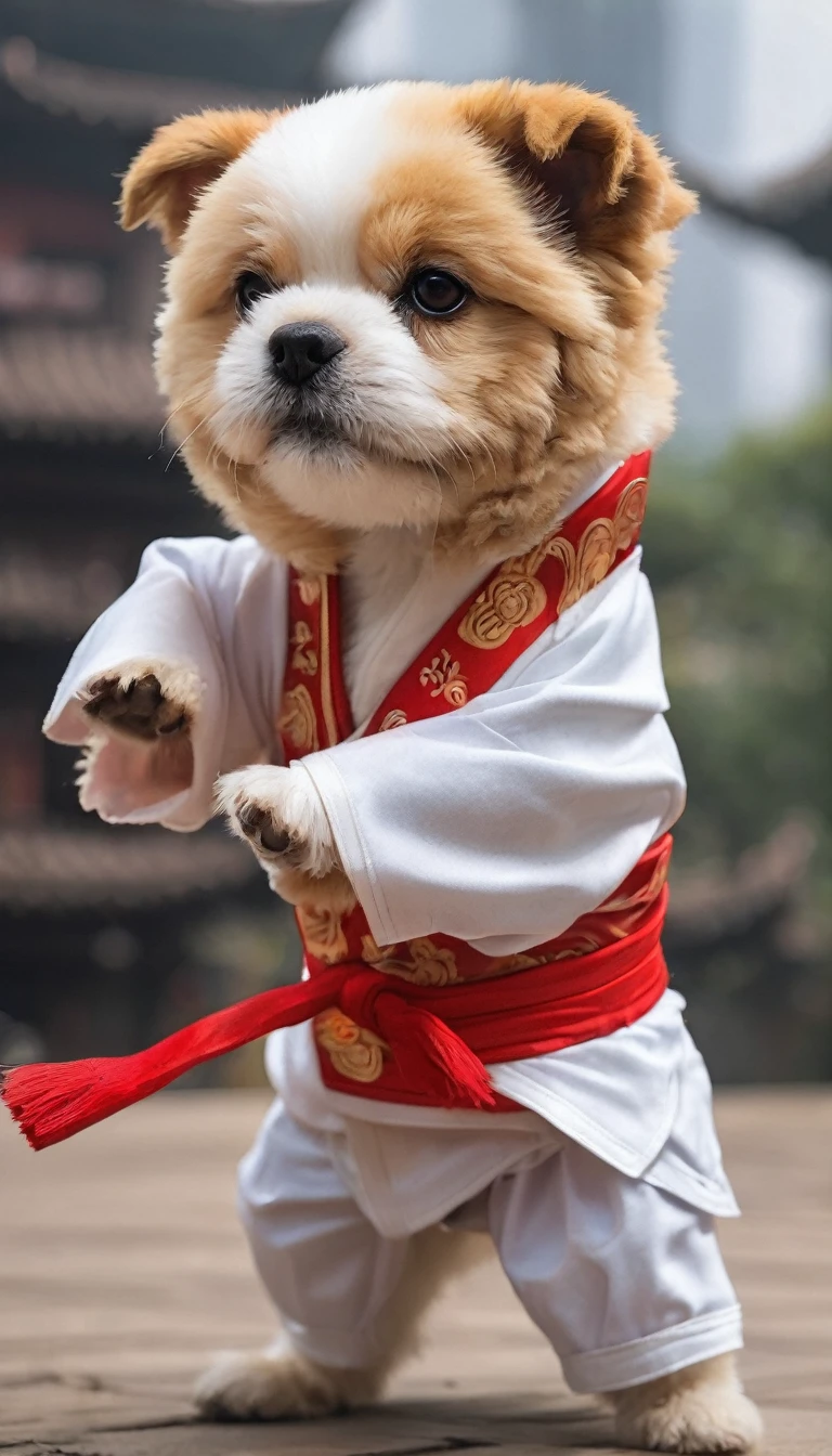 Kung Fu dog wearing martial arts costume,This dog is a teddy dog, Teddy dog is performing Chinese Kung Fu,The dog's movements should appear skilled and confident,Show off his martial arts prowess, Chinese traditional garden background,Enhance overall aesthetics,使用light构图来突出狗的敏捷和优雅, Capture vibrant and visually impactful moments, Anthropomorphic, light,Light and Shadow,8K,best quality,Super Detail,3D Art,c4d,Background focal length 50mm f2.8,Octane Rendering,Ray tracing,Pixar Trends,high details8K,工作室light,8K, --with 9:16 --iw 2 --v 5