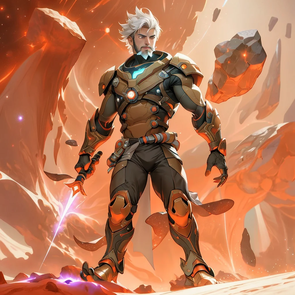 Draw a young warrior on a research platform floating in the middle of an asteroid belt. He is studying with a notebook, surrounded by several asteroids glowing with fiery auras. Dramatic lighting from distant stars and planets illuminates the scene, casting deep shadows on the suit. The young man looks confident and determined, looking at the vast and mysterious universe with admiration and respect, facial hair