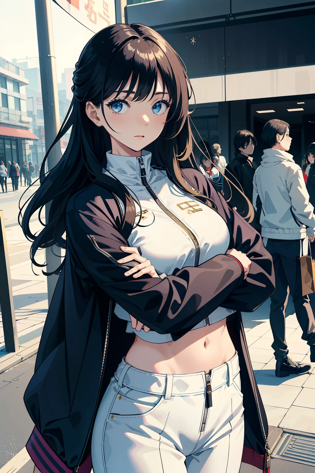 Masterpiece in quality, Marin Kitagawa stands with an elegant poise in front of a grand shopping complex. Her raven hair cascades down her back in soft waves, framing her oval face. Her bright blue eyes sparkle with a youthful curiosity, gazing directly at the viewer, radiating an air of confidence. A cropped jacket adorned with a high collar and a zipper, resembling a contemporary kimono, hugs her slender figure, showing off her slender midriff and the hint of her navel. The jacket is unzipped just enough to reveal a scant white crop top beneath, complementing her long sleeves that cover her arms. Her