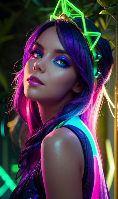 portrait | wide angle shot of eyes off to one side of frame, lucid dream-like woman, looking off in distance  | daydreampunk with glowing skin and eyes, styled in headdress, beautiful, she is dripping in neon lights, very colorful blue, green, purple, bioluminescent, glowing background | forest, vivid neon wonderland, particles, blue, green, purple| rule of thirds, golden ratio, assymetric composition, hyper- maximalist, octane render, photorealism, cinematic realism, unreal engine, 8k