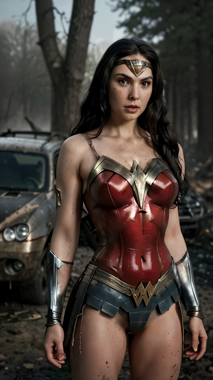 a close up of a woman in costume holding a sword in a right hand and a medieval shield in her left hand, Wonder Woman, DC Comics art style, portrait of Wonder Woman, sexy painting, beautiful comic art, pixar style, 3d style, hyper realism, hyper realistic lighting, light smoke at the legs, sexy hourglass body, black hair, slightly curly hair, Second World War style destruction scene, destroyed cars and burning trees, winter weather, face dirty with dirt, body with marks of injuries and dirt, Wonder Woman clothes from DC Comics, clothes with small tears, hyper textured clothes, arms with metal bracelets that cover the forearm, photography style, semi-serrated look, face with a serious look, look sideways, battle pose