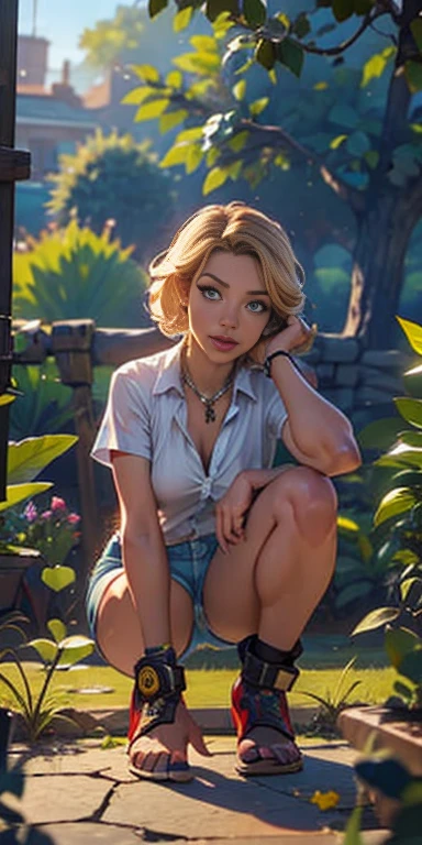 FY2076. Wasteland urban ruins, Female hunter picking fruit in garden, Beautiful Face, blonde, A badly torn shirt and denim shorts ,  Long legs, Sweat it out, sunny day, nice warm colors, Head to toe full body shot