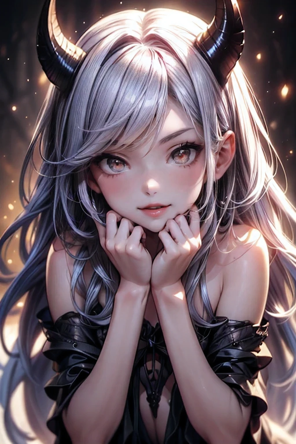 fantasic illustration, masterpiece:1.2, highest quality, highres, 16k, beautiful detailed, ultra-realistic, photo realistic:1.37,  beautiful cute vampiric girl bares her fangs and bites, cute face, pointy fangs, growing red eyes, shining pupils, blushed cheek, shiny rosy lips, cute vampiric clothes, beautiful delicate(hair, face, eyes, pupils, fangs), posing to attack prey, no horn:1.2