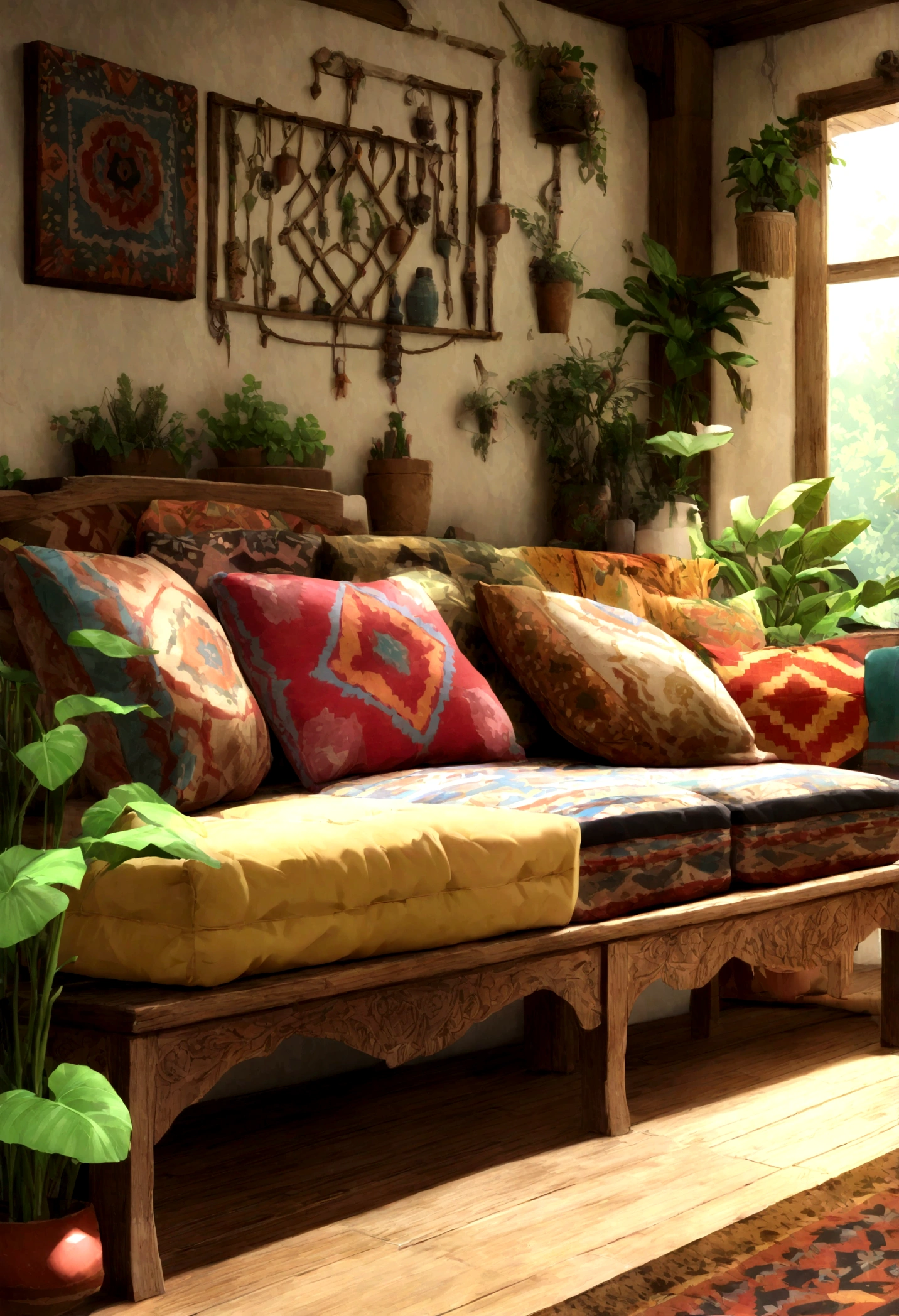 Vintage wooden bench、Colorful tribal cushions、Bohemian living room with ottoman。Old white wall with blue々The room is decorated with ornamental plants.。
