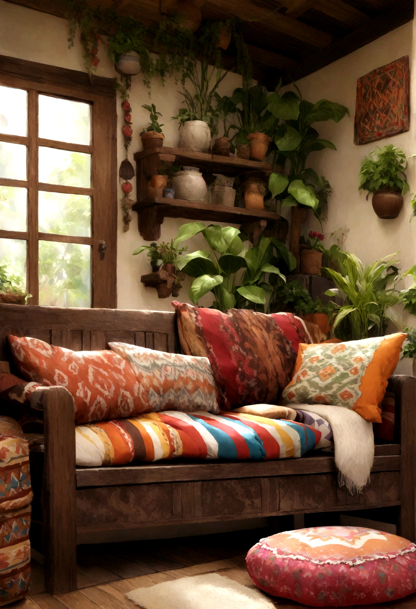 Vintage wooden bench、Colorful tribal cushions、Bohemian living room with ottoman。Old white wall with blue々The room is decorated with ornamental plants.。
