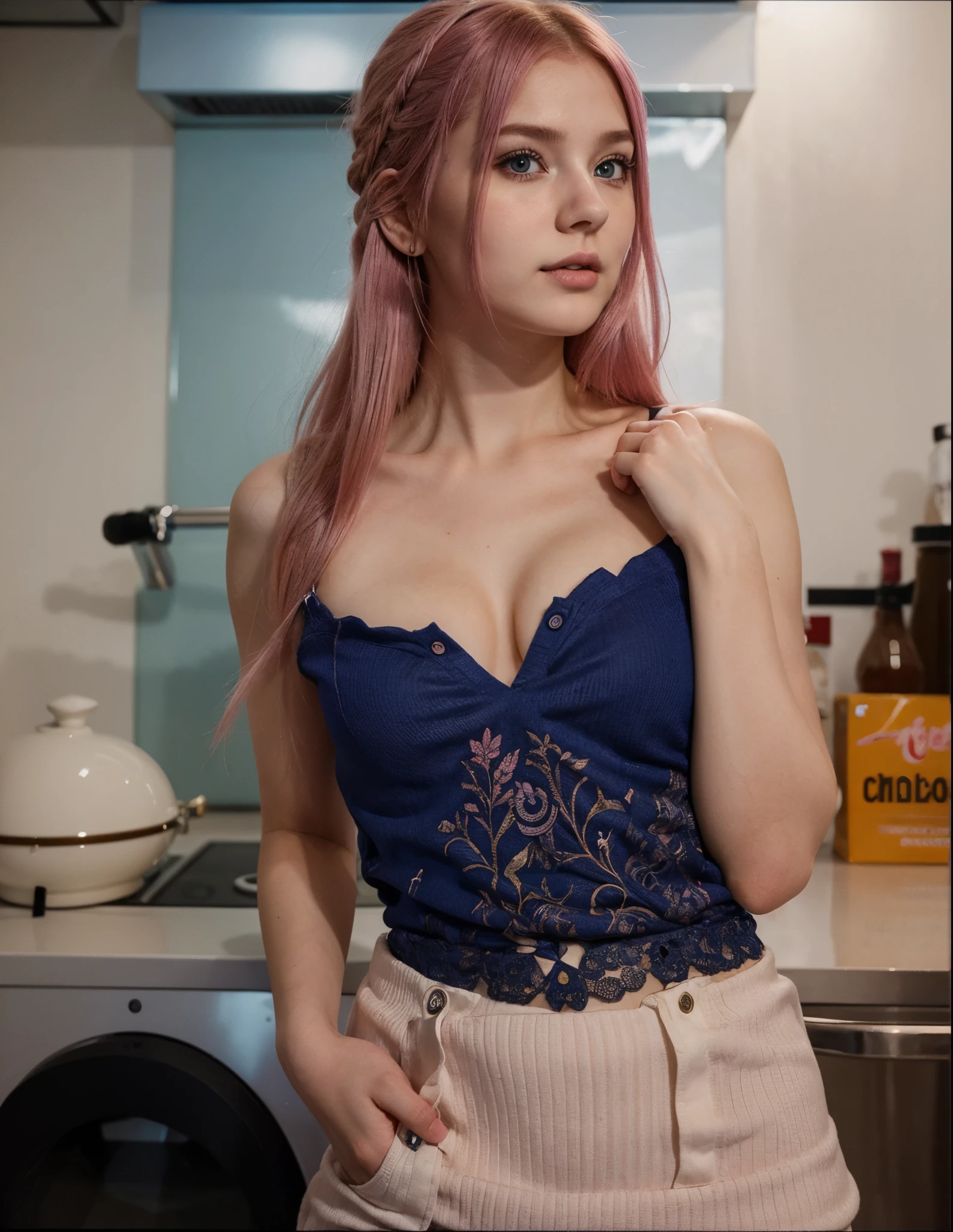 Make Mirka Russian girl, white skin, 22 years old, Thin nose, Small mouth, Blue eye, in the same position, in the same scenario, wearing identical clothes, pink hair 