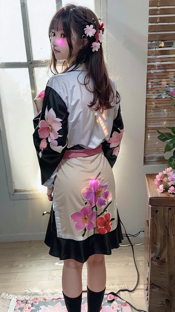 (masterpiece:1.2, high quality), (Pixiv:1.4),21 year old girl, alone,A colorful world,flower, Long Hair,  butterfly, bird, hair ornaments, (((blue skirt,white socks ₎)), Long Hair, hair flower, (((Long sleeve, kimono, bangs, Black Background ₎)), (((wood, pink flower, red flower,night,Backlight₎))