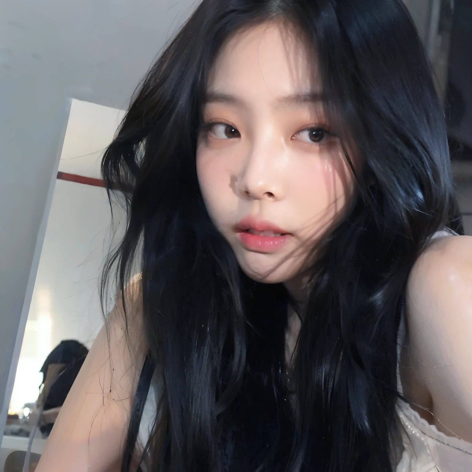 A woman with long black hair is posing for a photo, Brutal Korean Goth Girl, Best Face,  korean, She has black hair with bangs., Jenny Blackpink, young cute white asian face, Blackpink Jisoo, 귀엽고 사랑스러운 korean 얼굴, Heonhwa Choi, Mulher sul-korean bonita, asian girl, Jaeyeon Nam, Your face is like an orchid