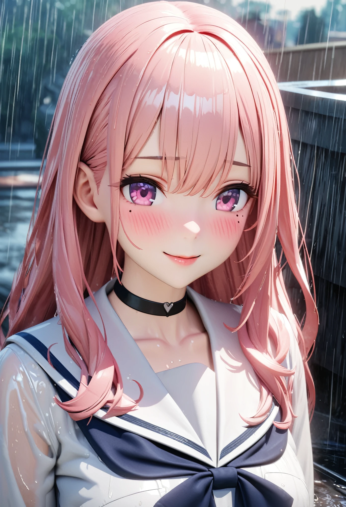 masterpiece, best quality, very detailed, high resolution, expensive solution, high resolution, 4k, 8k, Unity 8k wallpaper, highly detailed CG, masterpiece, 2d, 3d, beautiful details, depth, fine texture, best quality: 1.3, total concentration, transparent skin, him, very cute anime girl, expensive pink long hair, one girl, high school sailor uniform, on the way home from school, it was raining heavily and she was soaking wet. The sailor uniform was see-through, her hair was soaking wet, smiling long pink hair, full body, on the way home from school, heavy rain, mole under eye, gaze, expensive, blush, lips parted, heart, pink eyes, choker