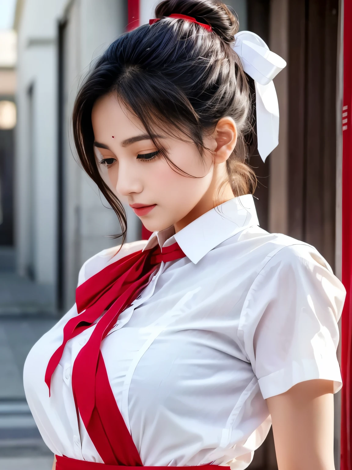 there is a woman in a white shirt with a Red ribbon on her chest, Nivan Chanthala, White ribbon, Profile photo 1024px, Red only, Sawan Duchani, Red ribbon, A wonderful masterpiece, Zia, 18-year-old, red、white, peaceful, Yuri Bang, sakimi chan, Wearing the principal's uniform, Big firm Breasts, hard nipples, Sexy, Sharp Eyes, Break, dynamic sexy poses, sweat, Add Light Red, Intricate details, Splash screen,