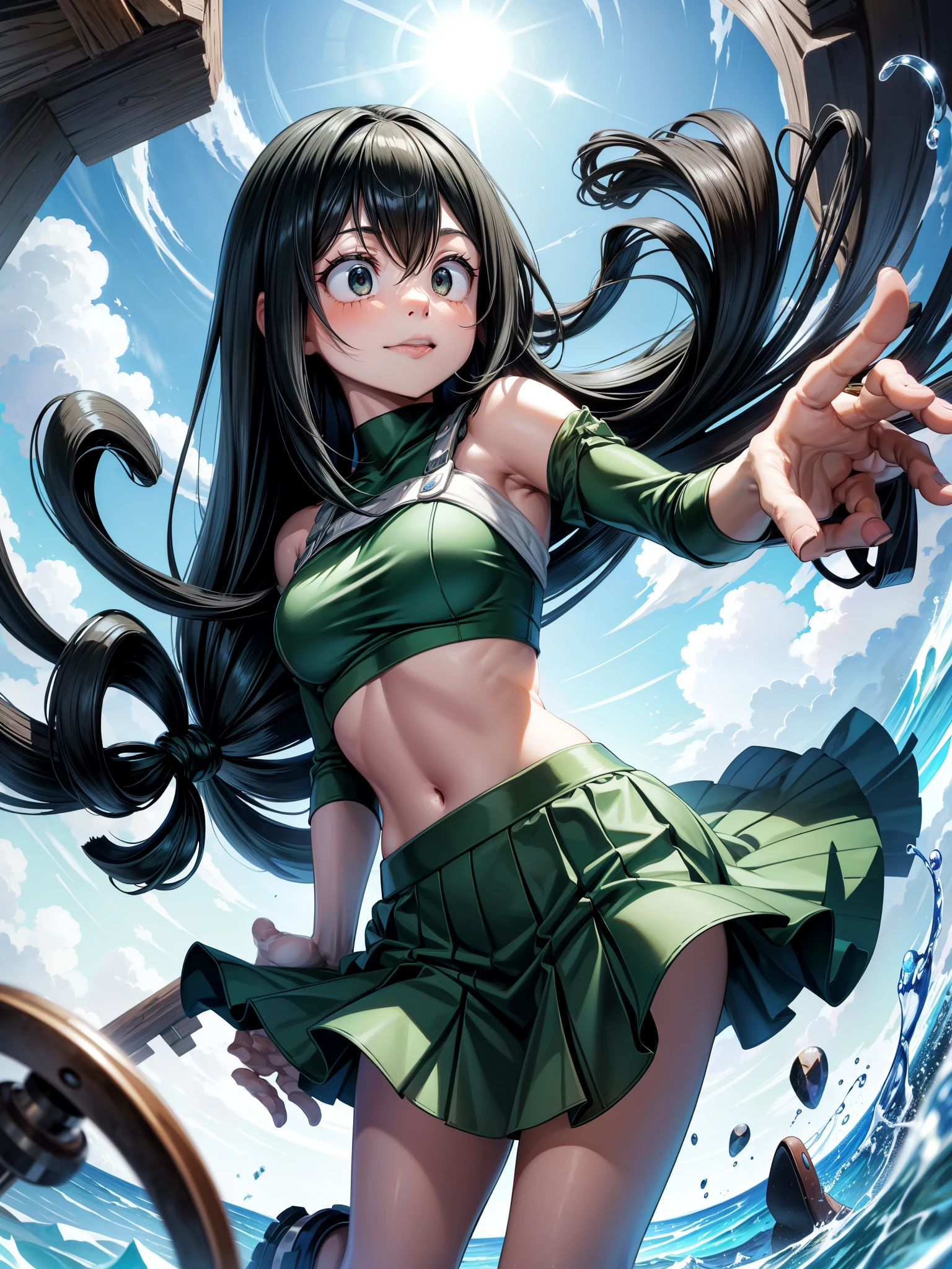 score_6、score_8_up BREAK、masterpiece、Perfect Face、Perfect hands、high quality、(One girl、sopstick、make、Enchanting、Akane Tsuyu、black eye、Black Hair、My Hero Academia、chest、Frog Girl、Long Hair、長いtongue、tongue、tongue出し、Bare shoulders、Off-the-shoulder crop top、Micro Skirt、