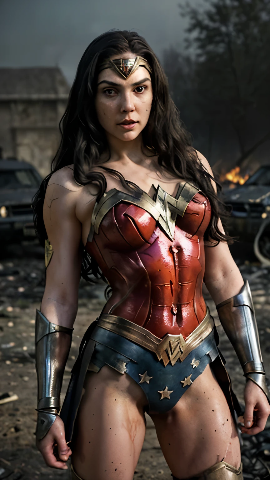 a close up of a woman in costume holding a sword in a right hand and a medieval shield in her left hand, Wonder Woman, DC Comics art style, portrait of Wonder Woman, sexy painting, beautiful comic art, pixar style, 3d style, hyper realism, hyper realistic lighting, light smoke at the legs, sexy hourglass body, black hair, slightly curly hair, Second World War style destruction scene, destroyed cars and burning trees, winter weather, face dirty with dirt, body with marks of injuries and dirt, Wonder Woman clothes from DC Comics, clothes with small tears, hyper textured clothes, arms with metal bracelets that cover the forearm, photography style, semi-serrated look, face with a serious look, look sideways, battle pose