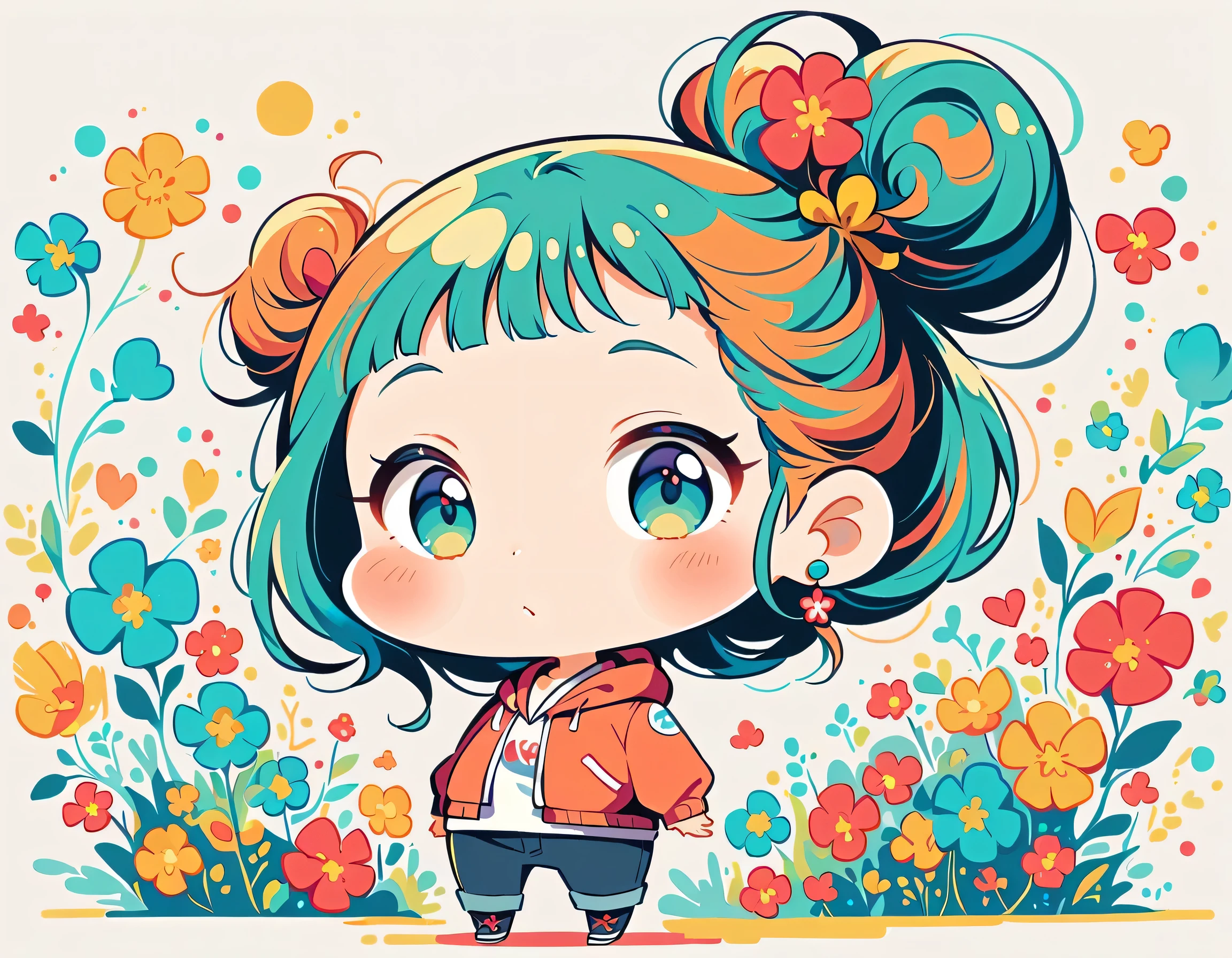 Takashi Murakami style, Standing in front of a high wall,Simple Line Initialism,Abstract art,Urban Background, (((The most beautiful girl))), (((chibi))), colorful flowers