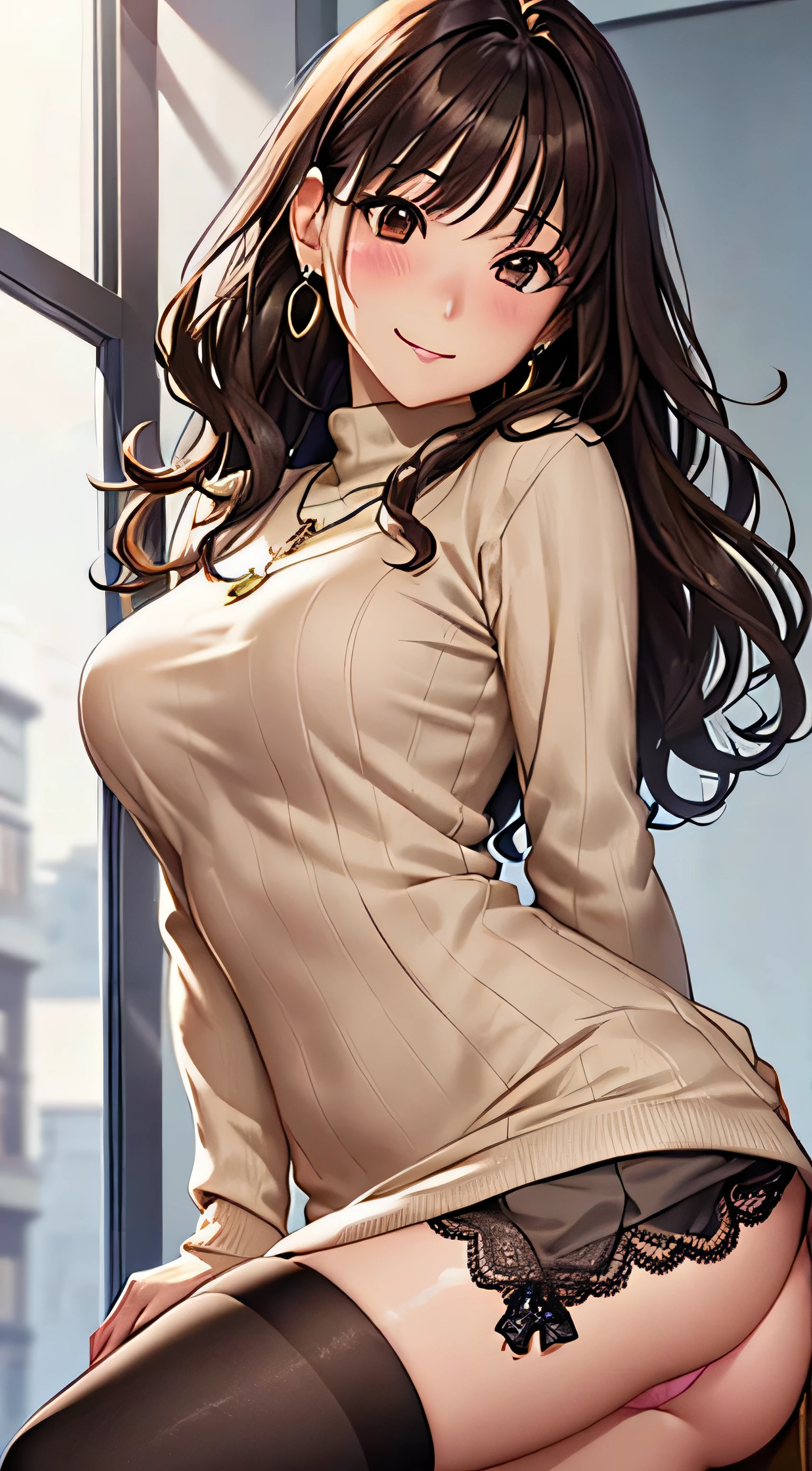 (Tabletop, highest quality, High resolution, , Pixel perfect, 4K,), 1 girl, single, alone, Beautiful woman、I could see the whole body、 ((Wavy mid-length hair, bangs, Brown Hair)), ((Brown eyes, Beautiful eyelashes, Realistic eyes)), ((Detailed face, blush:1.2)), ((Smooth texture:0.75, Realistic texture:0.65, Realistic:1.1, Anime CG Style)), Mid-chest, Dynamic Angle, Perfect body, ((, female teacher, , Earrings、necklace、Beige Turtleneck Sweater、black long flare skirt、Black knee-high stockings、、A shy smile、Put your hands behind your back、Leaning forward、Looking Back)), Looking up、、、evening、、(、Pink lace panties、、Angle from below)、