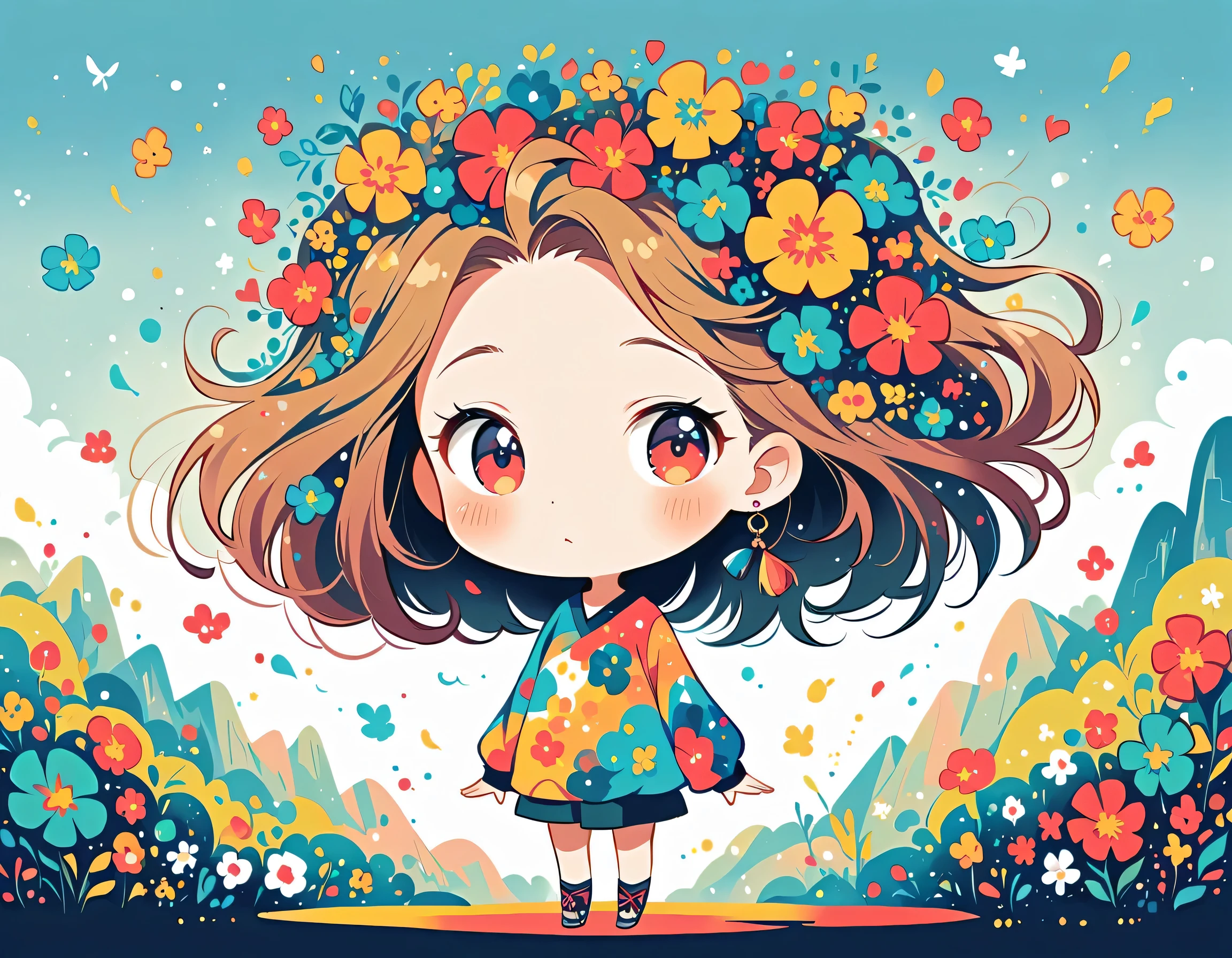 Takashi Murakami style, Standing in front of a high wall，Simple Line Initialism，Abstract art，Urban Background, (((The most beautiful girl))), (((chibi))), colorful flowers