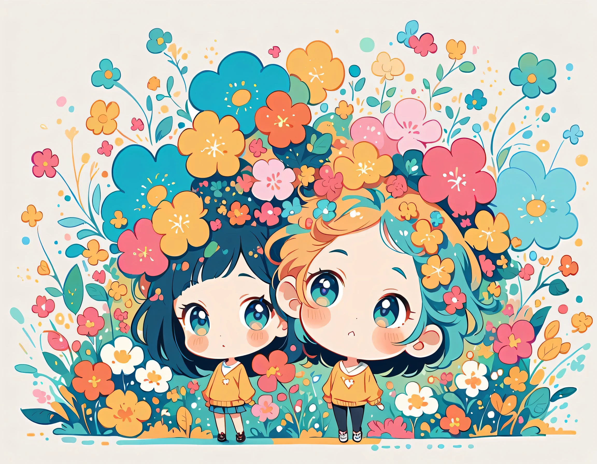 Takashi Murakami style, Standing in front of a high wall，Simple Line Initialism，Abstract art，Urban Background, (((The most beautiful girl))), (((chibi))), colorful flowers