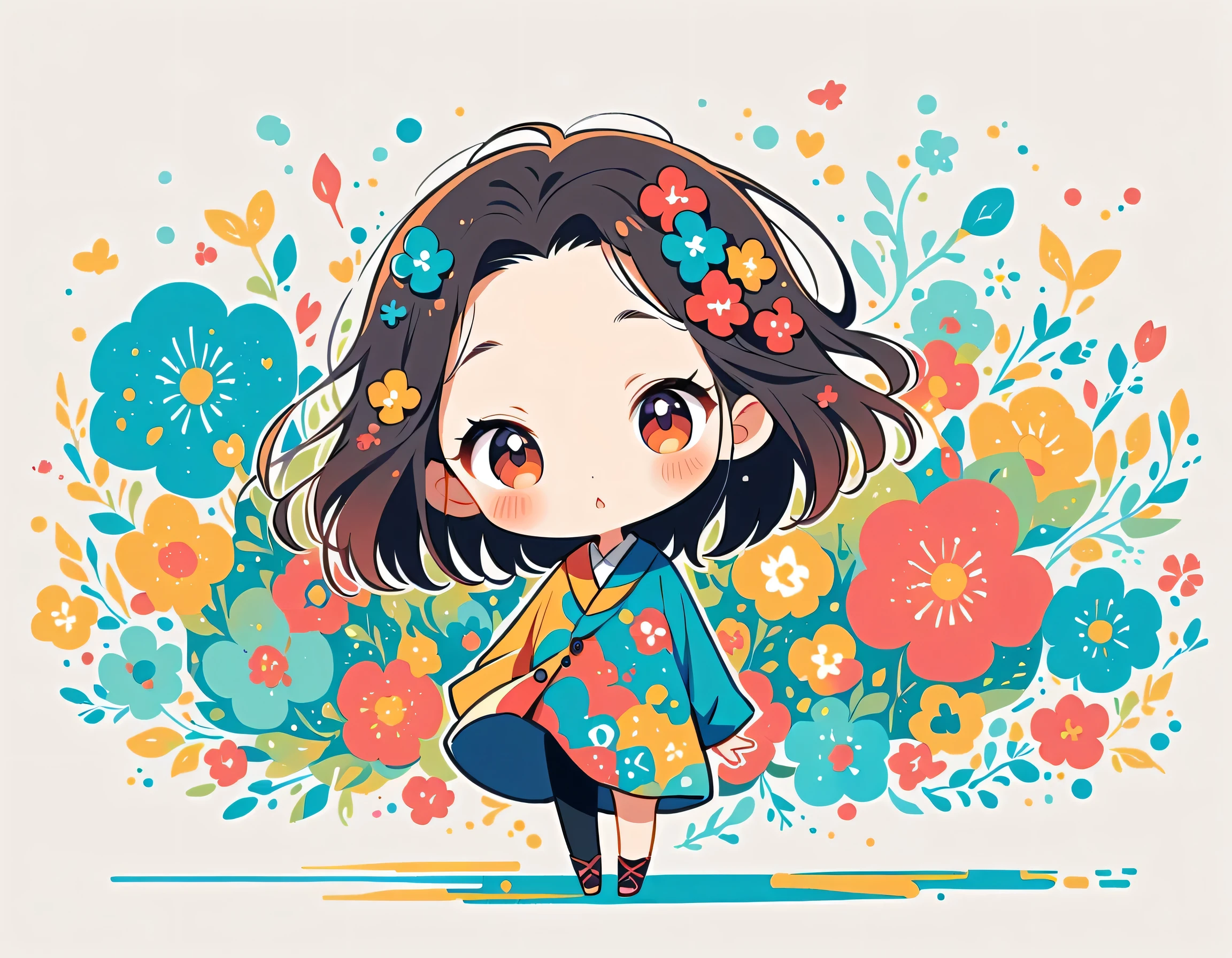 Takashi Murakami style, Standing in front of a high wall，Simple Line Initialism，Abstract art，Urban Background, (((The most beautiful girl))), (((chibi))), colorful flowers