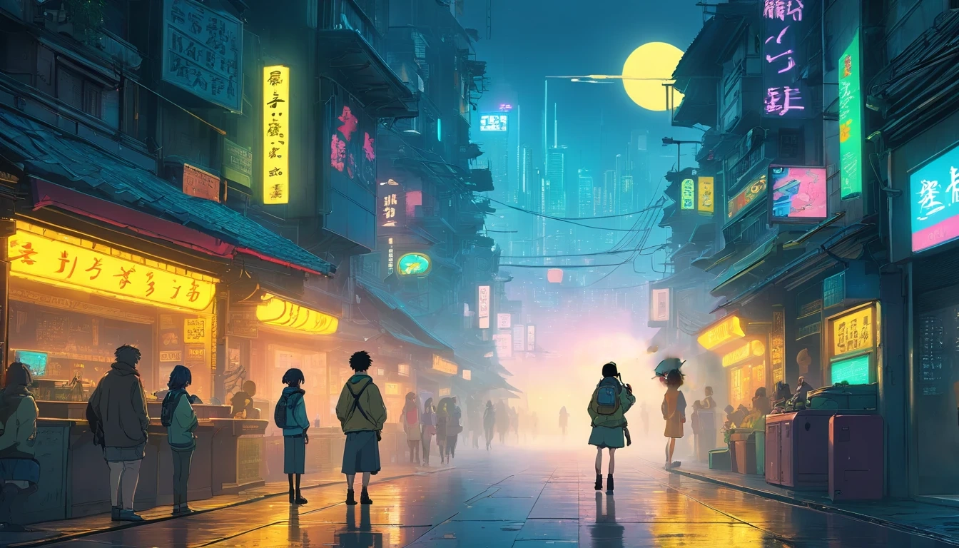 several friends of the future standing in a panoramic cyberpunk street , outdoors , night , dream ,( dense fog :1.4), circular massive yellow moon, sky , gold decoration, Asia panoramic cyberpunk art, movie poster , a minimalist background ,high-tech, graffiti, futuristic gadgets, cinematic, ultra-detailed, high-tech implants, augmented reality, vintage futurism, pan futurism, dystopian cyberpunk, neon-lit urban landscape