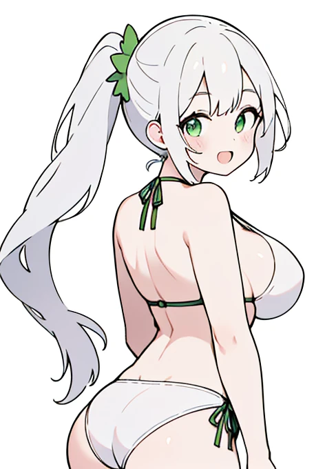 outfit-midsummer swimsuit, 1girl, absurdres,white hair, green eyes, solo,side ponytail, highres, medium_breasts,  smile, solo ,solo,milf,curvy, blush, looking at viewer, open mouth,
masterpiece, best_quality, clear details,1girl, (from_behind) (looking_back),
white_background,simple_background    