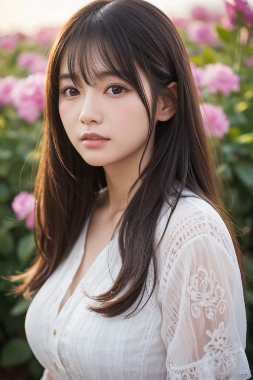 flower field、cowboy shot、dress shirt, highest quality, Face Focus, Soft Light, Ultra-high resolution, (Realistic:1.4), RAW Photos, 1 Japanese girl, alone, cute, (pupil, Light in your eyes), Beautiful face in every detail, (Small box),(High resolution detail of human skin texture), (Long Hair), indoor,Upper body from the waist up (Portraiture)、lower nose、Make your nose smaller、(ample bosom)