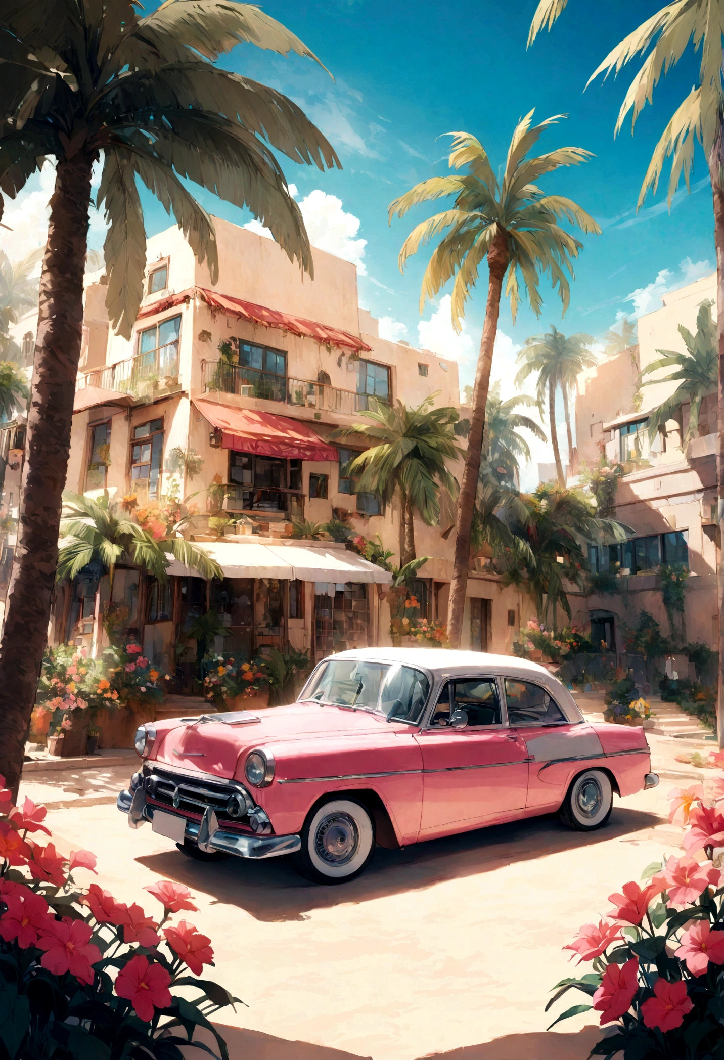 Desert Oasis、A classic pink car parked in front of a modern building。Palm trees and colorful flowers々Surrounded by。