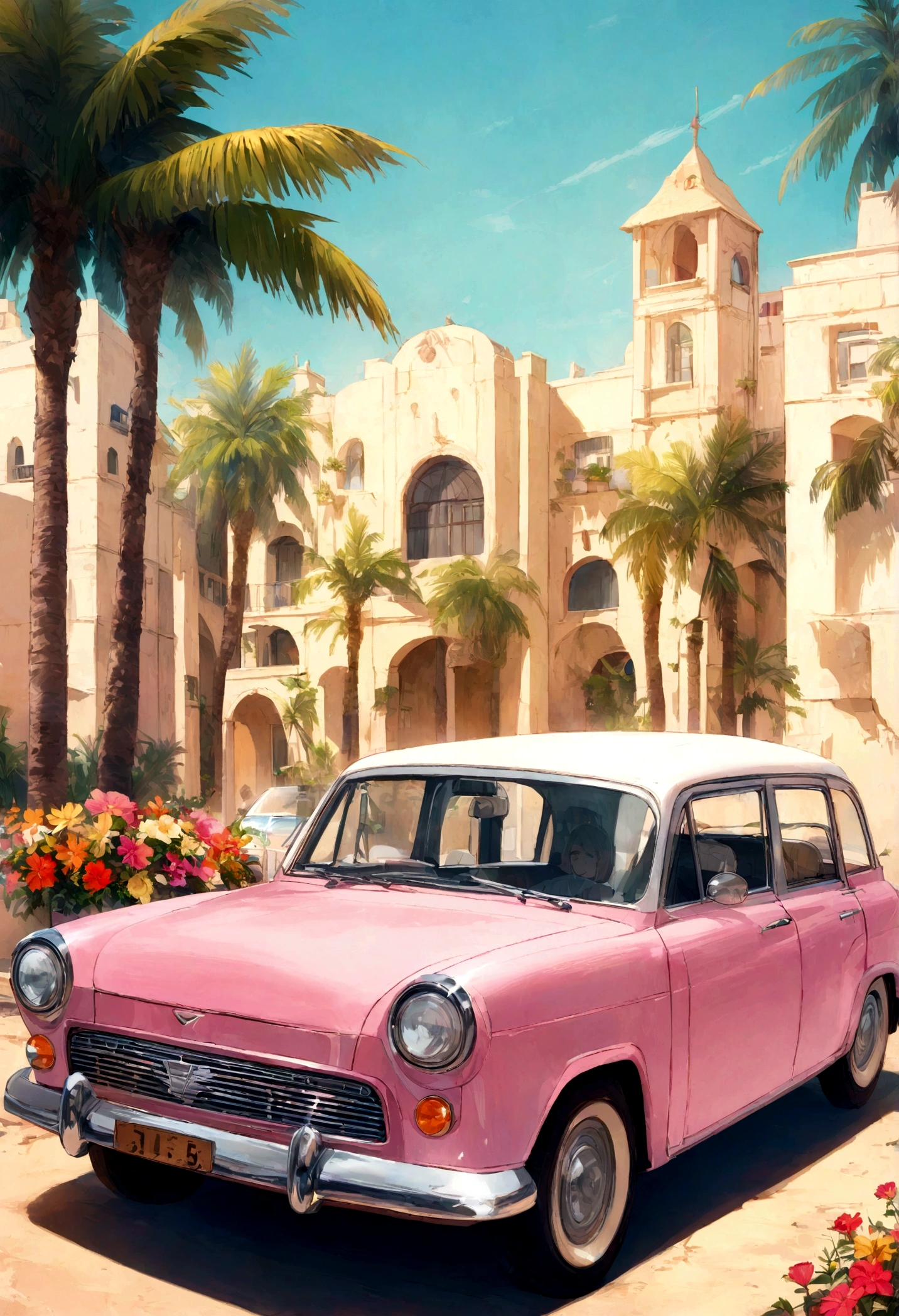 Desert Oasis、A classic pink car parked in front of a modern building。Palm trees and colorful flowers々Surrounded by。
