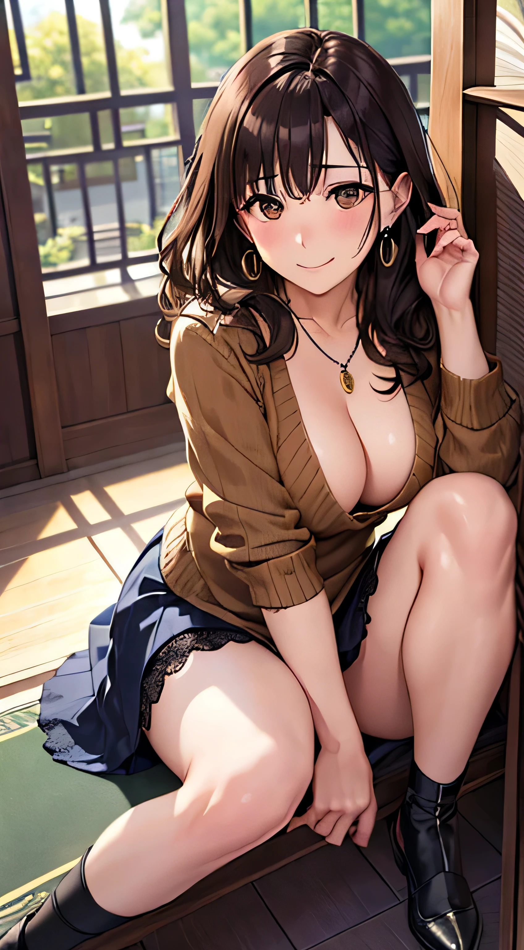 (Tabletop, highest quality, High resolution, , Pixel perfect, 4K,), 1 girl, single, alone, Beautiful woman、I could see the whole body、 ((Wavy mid-length hair, bangs, Brown Hair)), ((Brown eyes, Beautiful eyelashes, Realistic eyes)), ((Detailed face, blush:1.2)), ((Smooth texture:0.75, Realistic texture:0.65, Realistic:1.1, Anime CG Style)), Mid-chest, Dynamic Angle, Perfect body, ((, female teacher、Sitting on the floor、Spread your legs, , Earrings、necklace、Light beige open neck sweater、dark blue long flared skirt、Black knee-high stockings、White and pink lace panties、A shy smile、Put your hands behind your back、Leaning forward、)), Looking up、、(、、、Angle from below)、