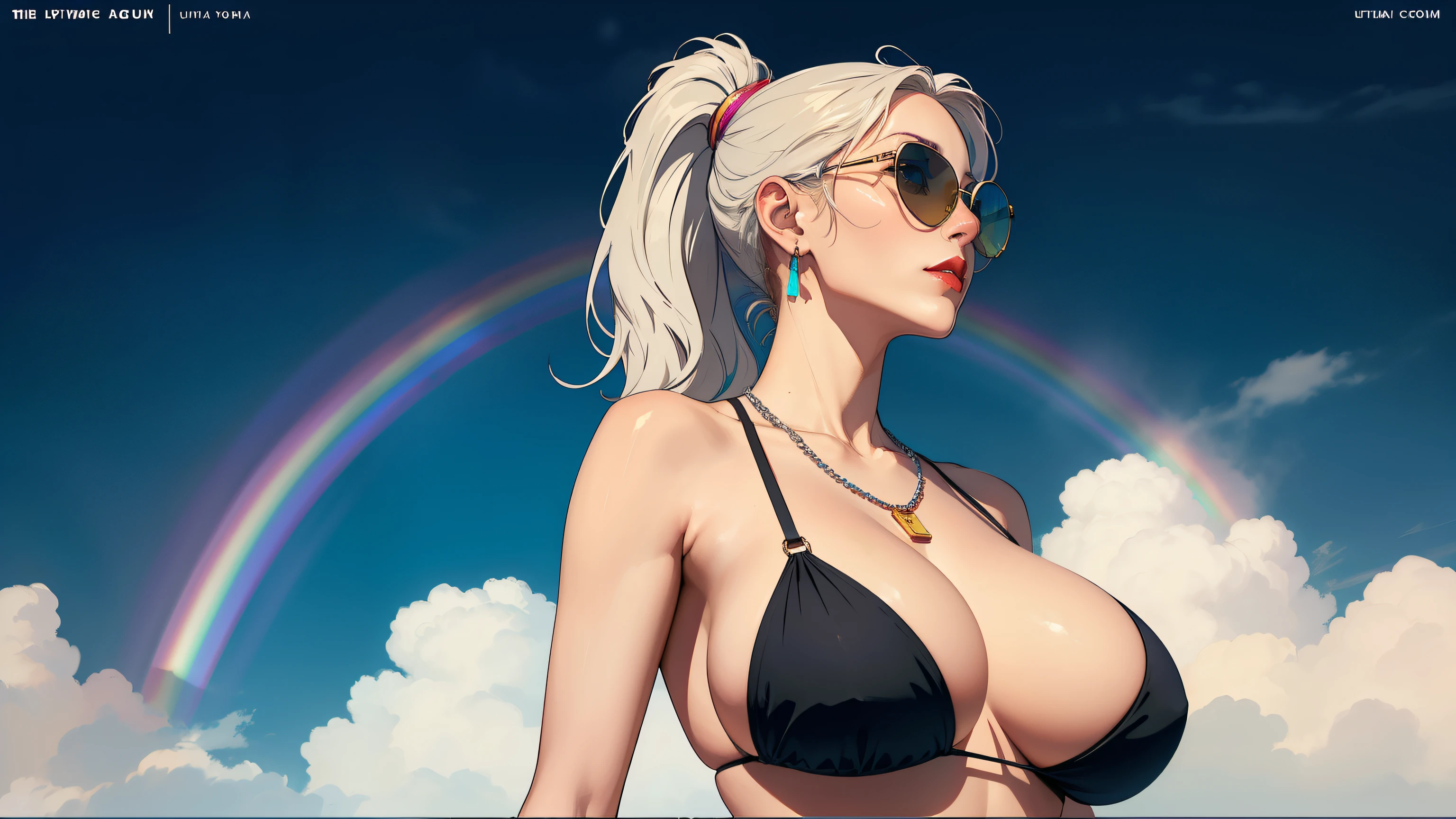 ((Masterpiece)), (UHD, Retina, Masterpiece, Accurate, Anatomically Correct, Textured Skin, Ultra Detailed, High Detailed, High Quality, Top Quality, High Resolution, 1080P, HD, 4K, 8k, 16k), (magazine:1.3), (cover-style:1.3), anime texture, illustration, pop art,(a big rainbow in the sky:1.2) Fine detail,(Dynamic composition: 1.4), Very fine detail, (Colorful rainbow:1.2), (Rainbow color: 1.2), Fantastic, Super model female, 25 years old Female,alone,((closed mouth)),(Big breasts: 1.2), Silver hair,long wavy hair,ponytail,flowing hair, (Looking up),profile, Upper body,black bikini, (retro sunglasses),((red lips)), Earrings, Jewelry, ((Masterpiece)), (UHD, Retina, Masterpiece, Accurate, Anatomically Correct, Textured Skin, Ultra Detailed, High Detailed, High Quality, Top Quality, High Resolution, 1080P, HD, 4K, 8k, 16k), (magazine:1.3), (cover-style:1.3), anime texture, illustration, pop art,(a big rainbow in the sky:1.2) Fine detail,(Dynamic composition: 1.4), Very fine detail, (Colorful rainbow:1.2), (Rainbow color: 1.2), Fantastic, Super model female, 25 years old Female,alone,((closed mouth)),(Big breasts: 1.2), Silver hair,long wavy hair,ponytail,flowing hair, (Looking up),profile, Upper body,black bikini, (retro sunglasses),((red lips)), Earrings, Jewelry, Necklace,