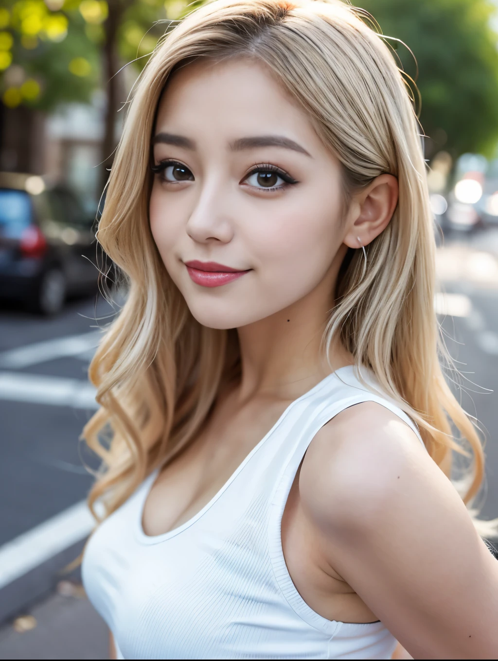 (RAW Photos,Realistic, Photorealistic: 1.4, masterpiece, highest quality), 98k, 1 美しいDay本人女性, alone, 20-year-old, Small face,Cute Smile, Larger breasts, Beautifully detailed round eyes, Droopy Eyes 1.4, Long platinum blonde hair, Wavy Hair, (Highly detailed face and skin texture), White skin,, White tank top, Micro Mini Skirt, street, Day, sunny Day, close, (View Viewer:1.4)