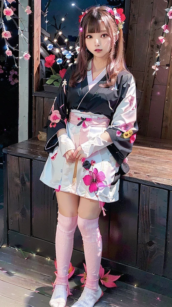 (masterpiece:1.2, high quality), (Pixiv:1.4),21 year old girl, alone,A colorful world,flower, Long Hair,  butterfly, bird, hair ornaments, (((blue skirt,white socks ₎)), Long Hair, hair flower, (((Long sleeve, kimono, bangs, Black Background ₎)), (((wood, pink flower, red flower,night,Light 2))