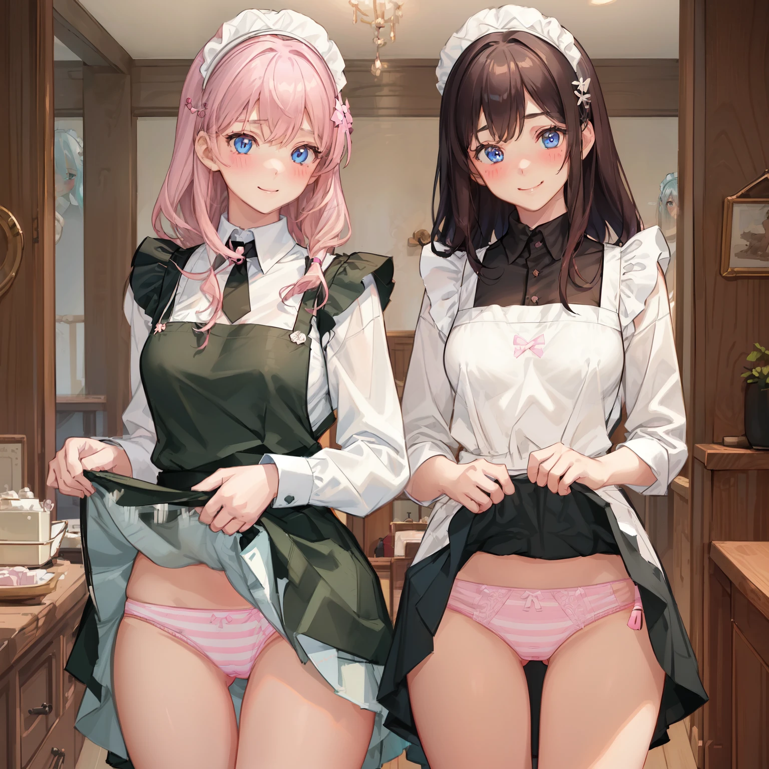 highest quality, masterpiece, ((2 girls:1.5)), ((smile:1.3)), (blush:1.3), Black Shirt, blouse, ((fun!!)), (Small breasts), Blonde, (Long sleeve), ((White apron:1.5)), ((Maid)), ((hair ornaments)), Kamimei, look at me, ((in house:1.5)), Taking a break from watching the audience, Cowboy Shot, (skirtlift:1.3), (Highly detailed pink striped panties:1.3), (Highly detailed panties:1.3), (skirt that rolls up:1.3), (Panties fully exposed:1.5), Light blue eyes, long hair, Glowing Eyes