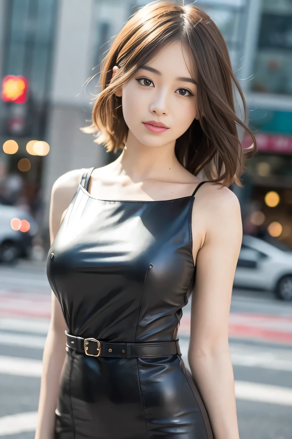 top-quality、masterpiece:1.2、(realisitic、Photorealsitic:1.37)、1girl in、cute little、A city scape、Night、Sateen、Wetty、Professional Lighting、photon maping、Radio City、physically-based renderingt、Gradient Brunette Hair、short curly hair、a handsome、White Ball Set、superior image quality、hight resolution、1080p、(Clear face)、(Detailed face description)、(Detailed hand description)、(masuter piece)、(Exquisite CG)、 extreme light and shadows、hair messy、masterpiece、Rich details perfect facial features)、(Top image quality)、(masterpiece)、(Eye for detail)、Looking forward to your eyes、Delicate collarbones、Leather Belt、((Leather dress))、((Large Breasts)),