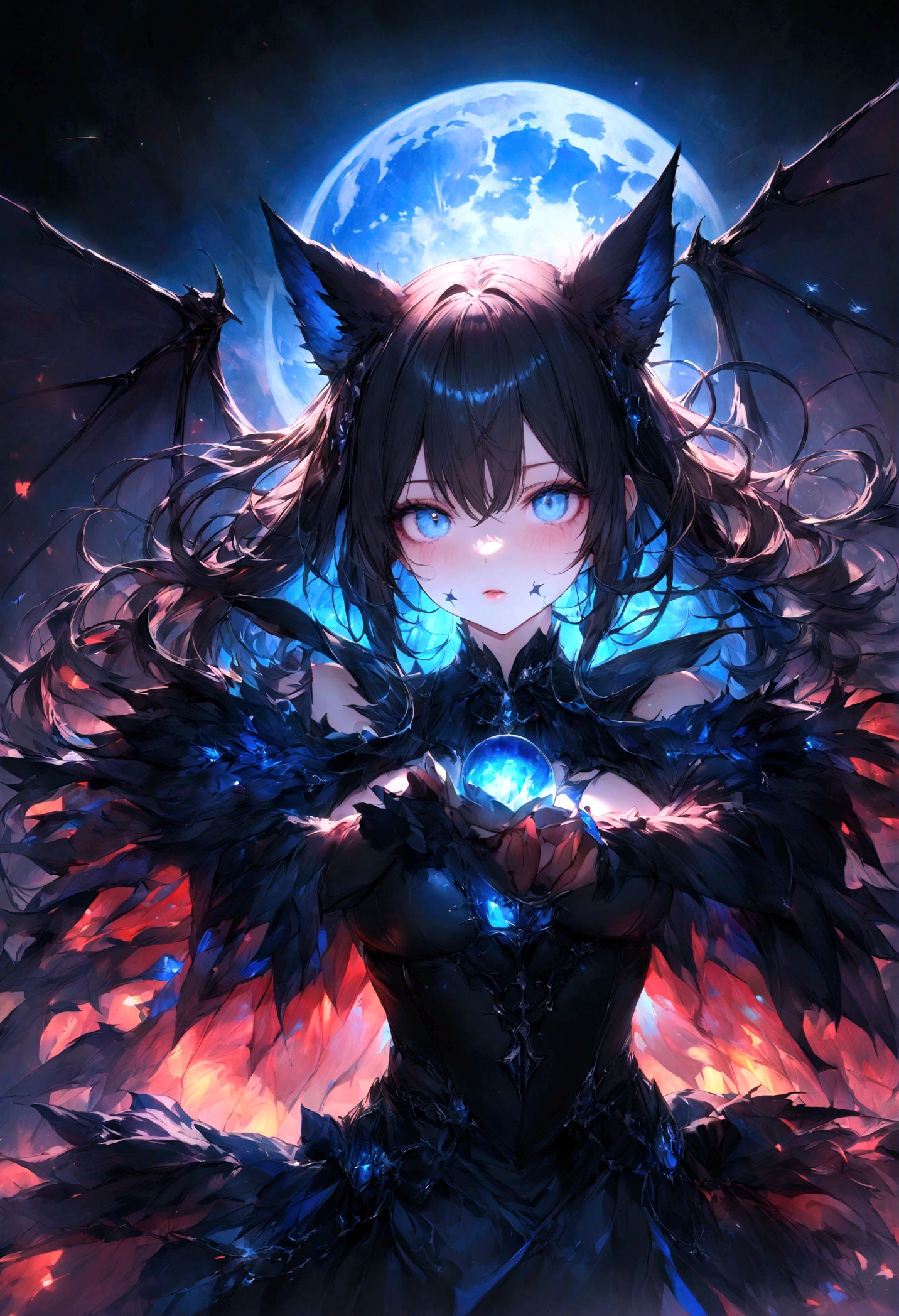 animal、Cute black cat、Beautiful blue eyed cat、Black crown、Black and blue vampire wings、Glare、Rin々Funny face、beautiful、blue Moon、Lots of blue light、Fantasy black cat，Facial close-up enhancement，AmbiLight，The colors are vivid and bright，Black background，haze，Detailed depiction，Rich details，Explosion of imagination，Surreal，Ultra-realistic，masterpiece，8k，Light，Tyndall effect